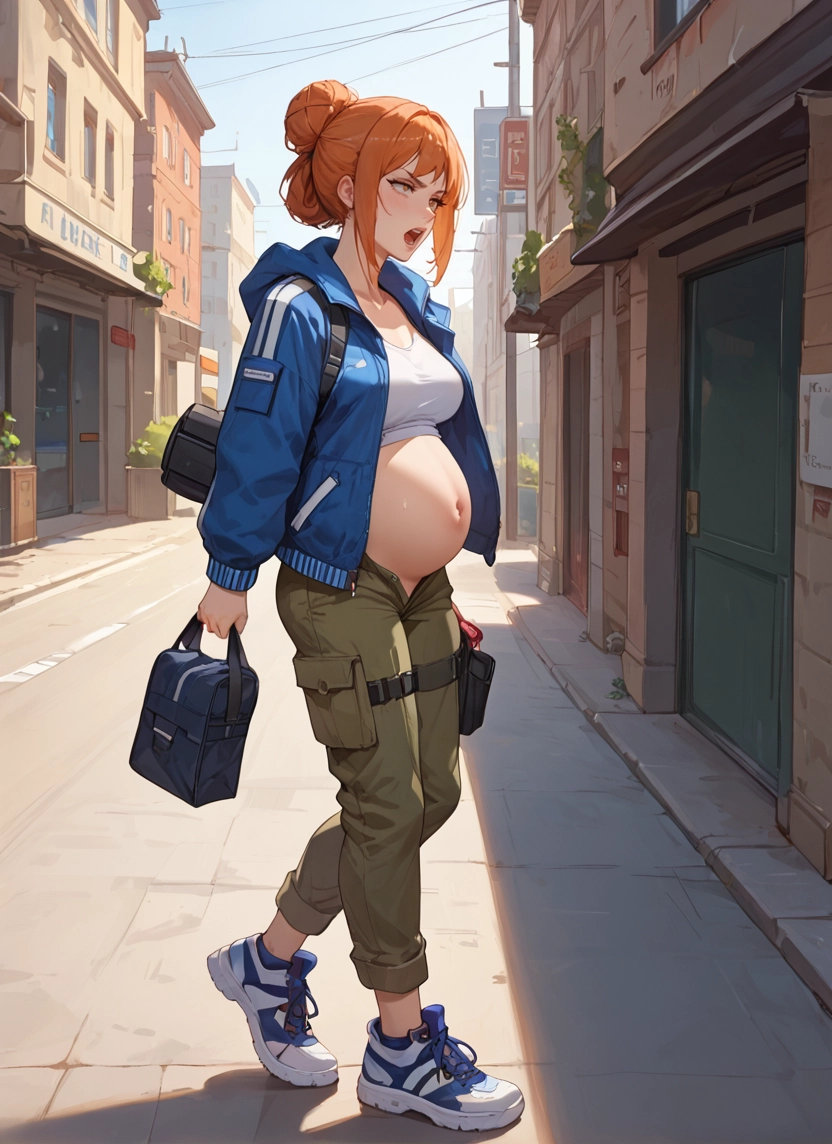 1girl, shoes, solo, bag, navel, pregnant · Yamete.gg