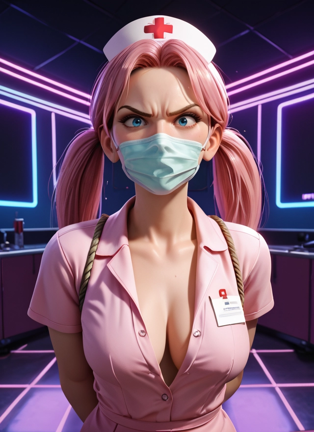 1girl, breasts, hat, pink hair, mask, twintails · Yamete.gg