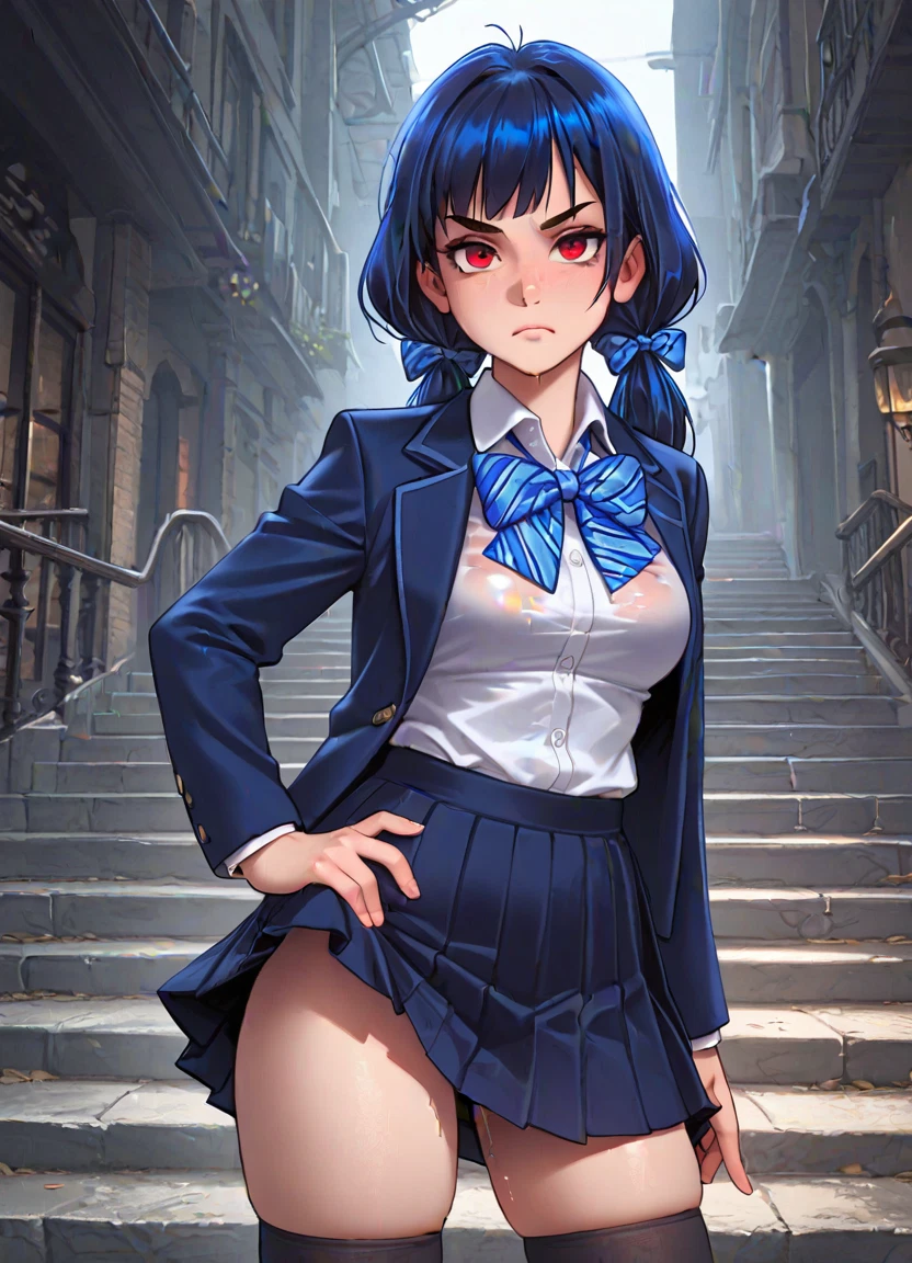 1girl, skirt, thighhighs, red eyes, bow, solo