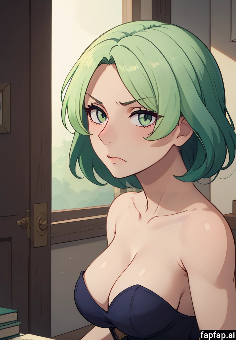 1girl, breasts, cleavage, green eyes, solo, green hair