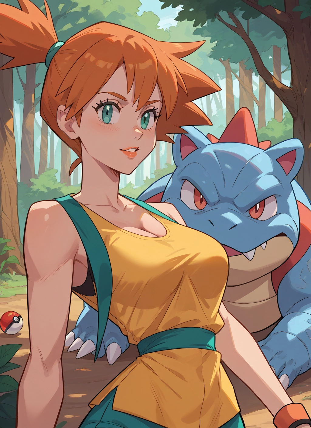 1girl, breasts, orange hair, cleavage, outdoors, side ponytail · Yamete.gg