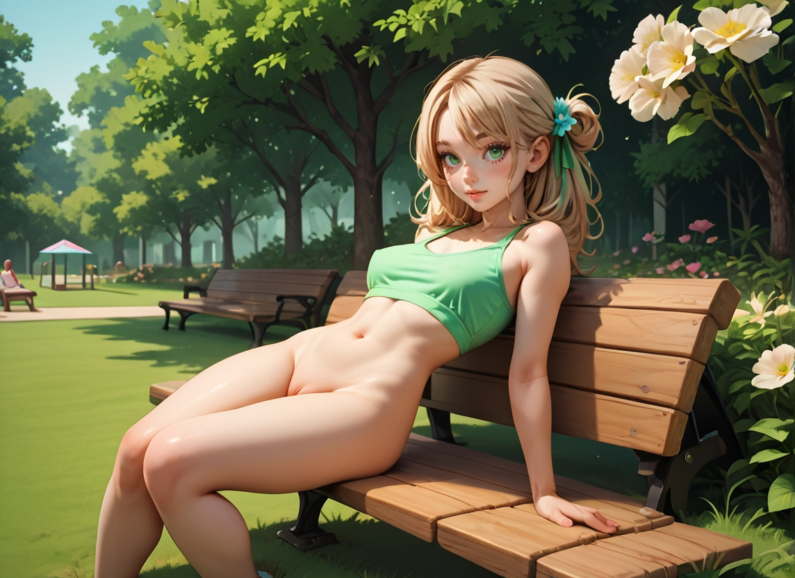 pussy, breasts, navel, bottomless, sitting, bench · Yamete.gg