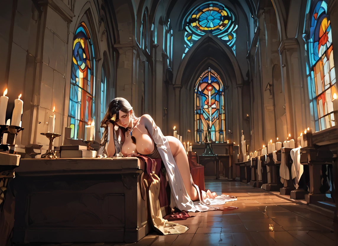 1girl, breasts, nipples, candle, large breasts, stained glass