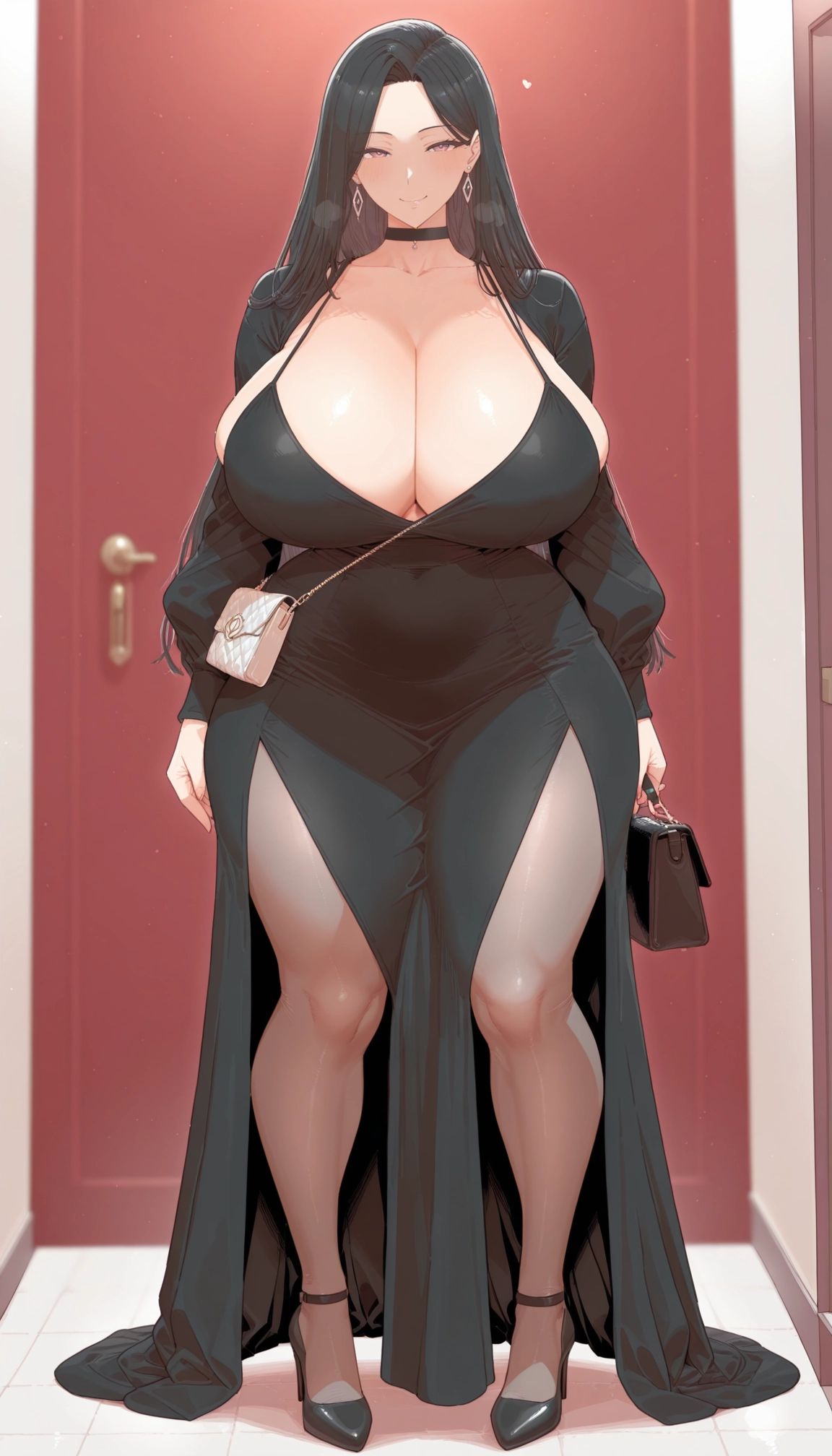 breasts, 1girl, dress, jewelry, earrings, bag