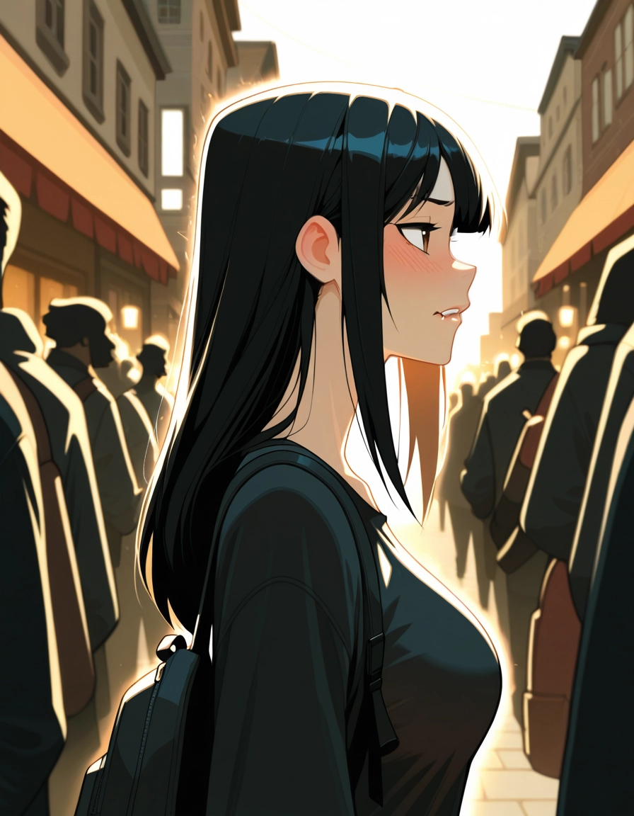 1girl, blush, long hair, black hair, bag, crowd · Yamete.gg