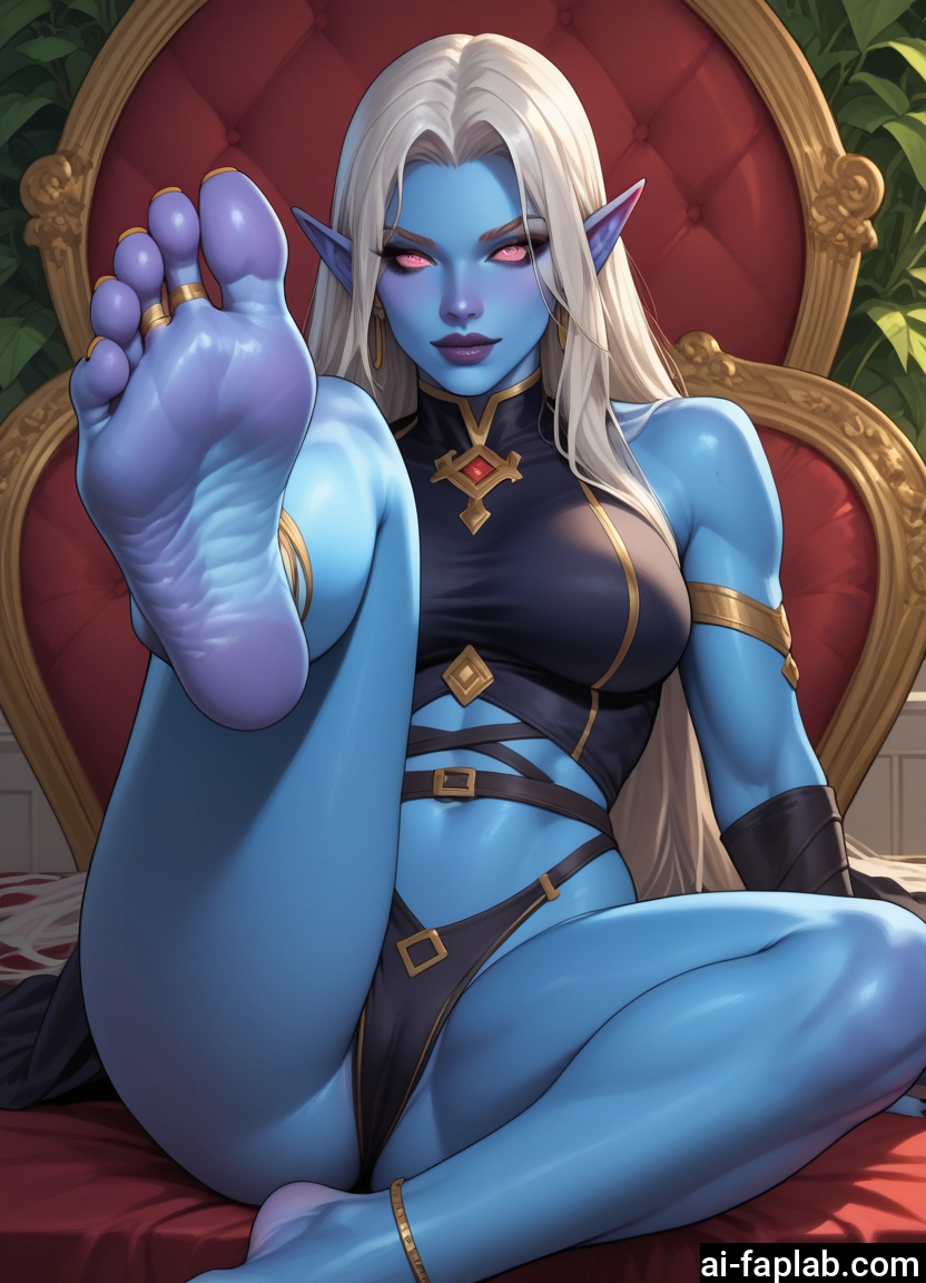 1girl, feet, pointy ears, barefoot, colored skin, blue skin
