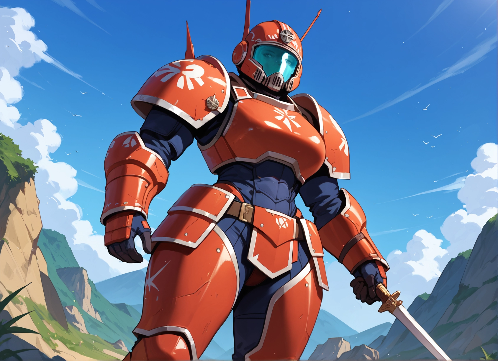 weapon, sword, armor, solo, helmet, sky · Yamete.gg