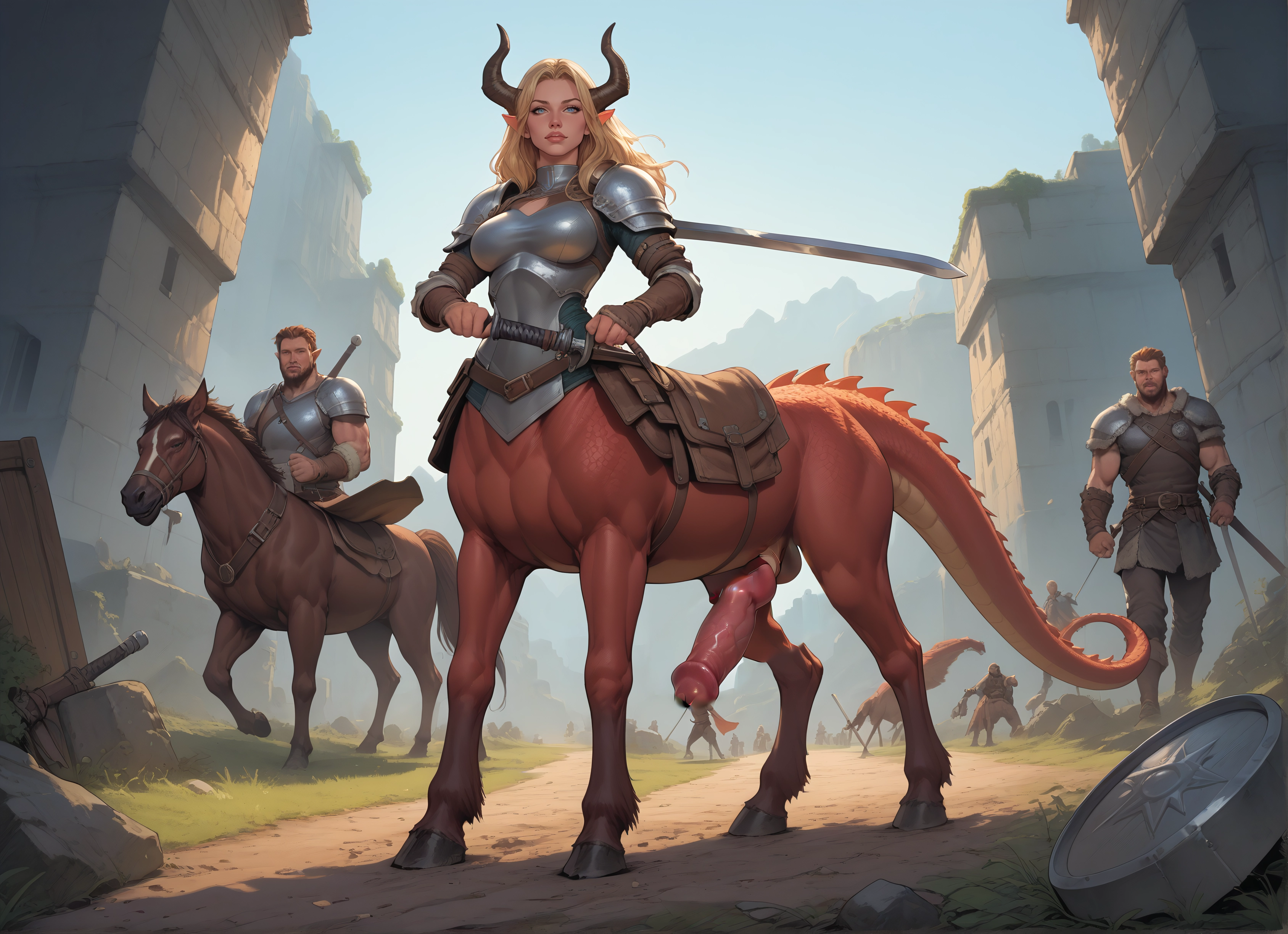 weapon, sword, armor, blonde hair, monster girl, horns · Yamete.gg