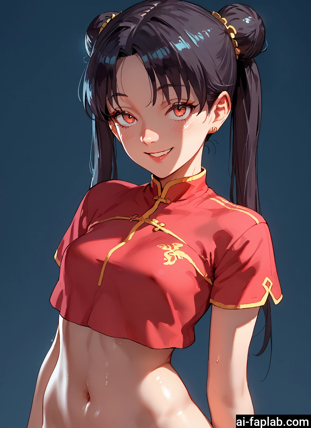 1girl, navel, solo, smile, double bun, looking at viewer · Yamete.gg