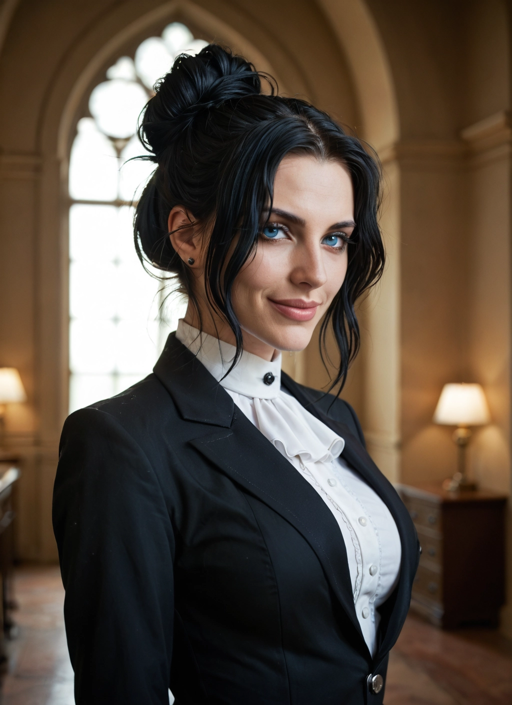 1girl, solo, blue eyes, jewelry, earrings, black hair · Yamete.gg