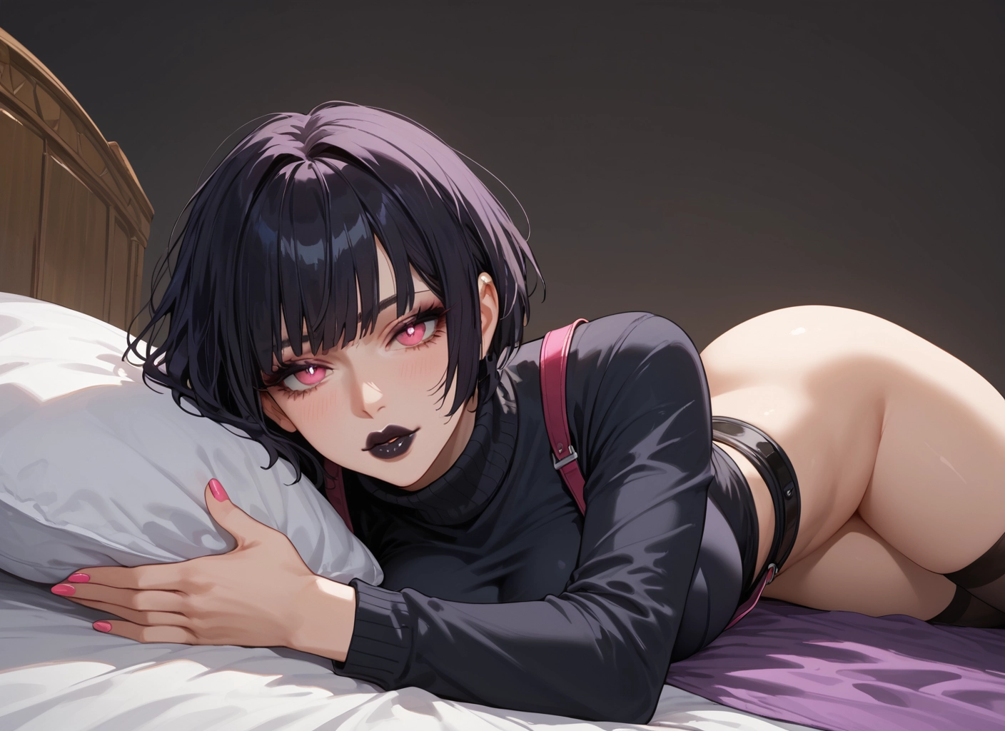 1girl, thighhighs, solo, lying, pillow, black hair · Yamete.gg