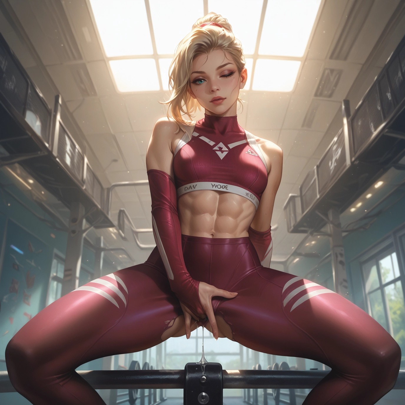 1girl, blonde hair, abs, blue eyes, solo, navel · Yamete.gg