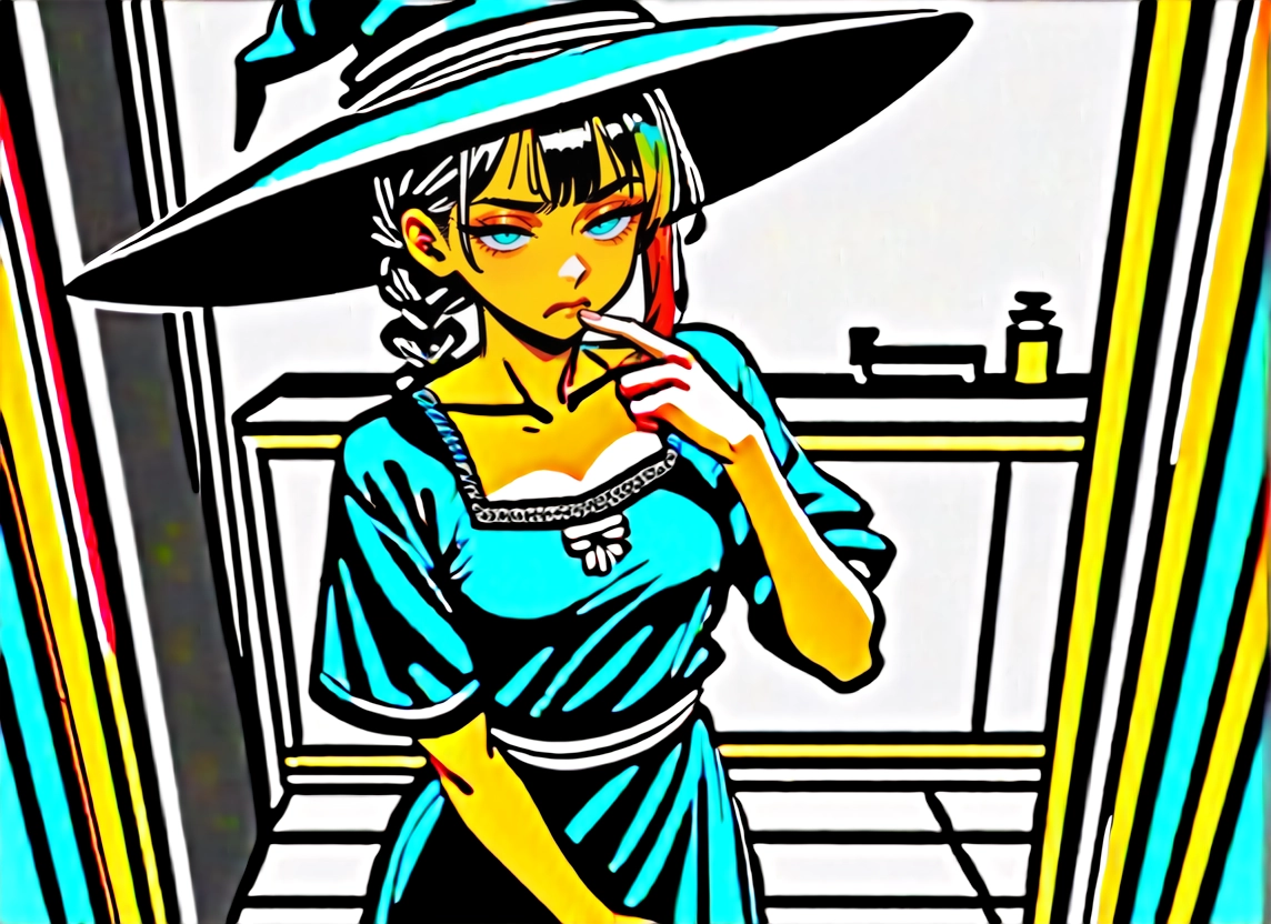 1girl, hat, solo, witch hat, dress, braid · Yamete.gg