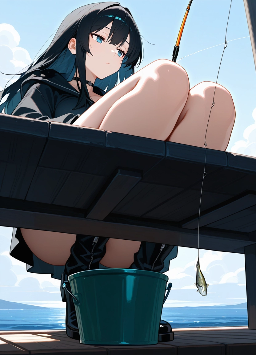 1girl, blue eyes, long hair, solo, black hair, sitting · Yamete.gg
