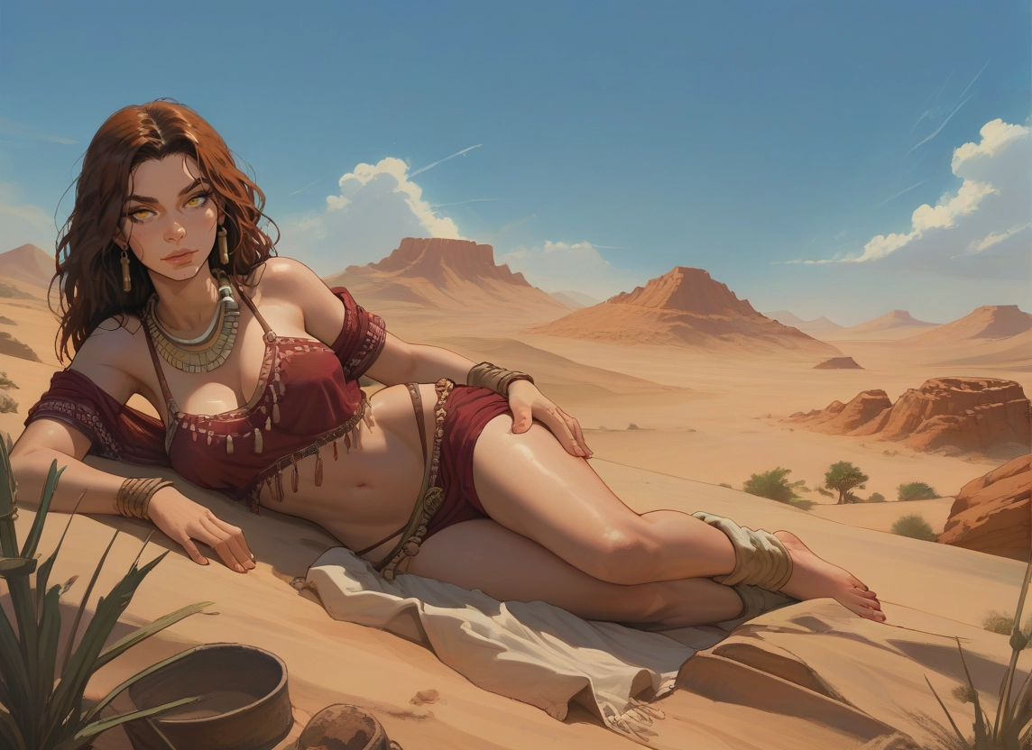1girl, jewelry, barefoot, brown hair, navel, breasts · Yamete.gg