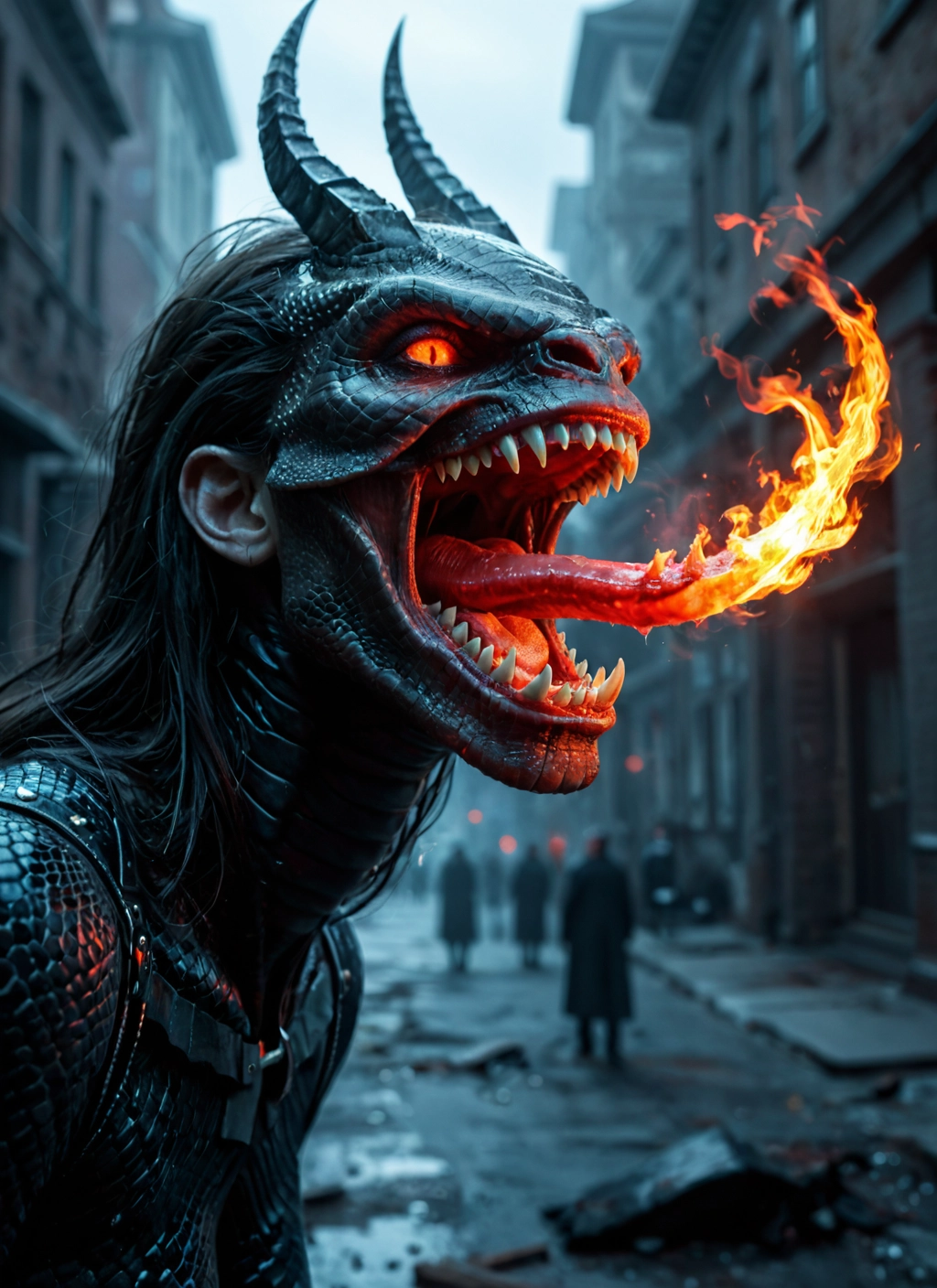 tongue, fire, horns, tongue out, teeth, open mouth · Yamete.gg