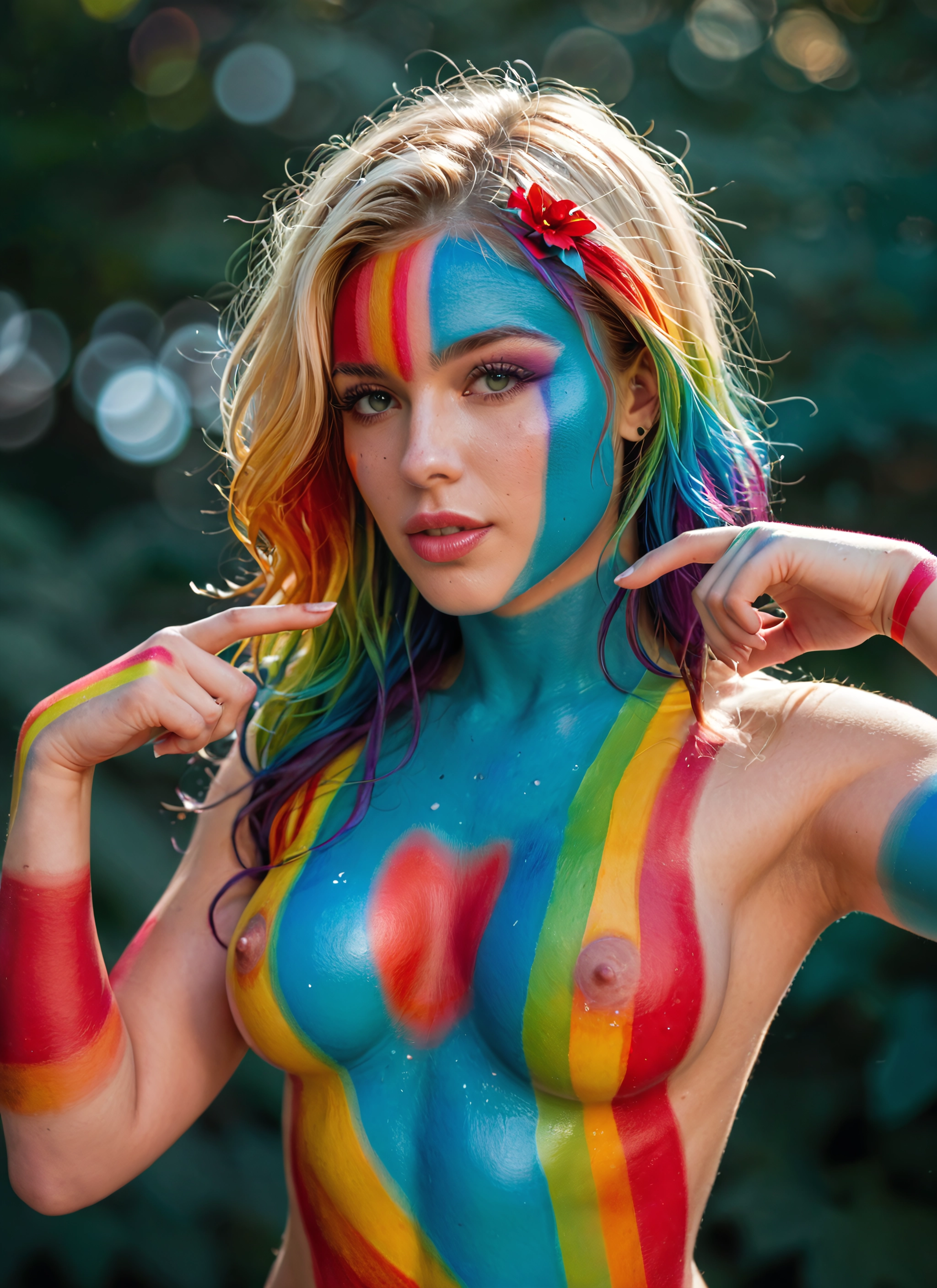 1girl, solo, breasts, nipples, multicolored hair, freckles · Yamete.gg