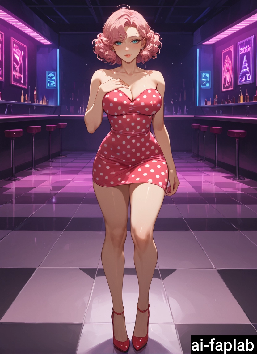 1girl, breasts, dress, solo, polka dot dress, pink hair