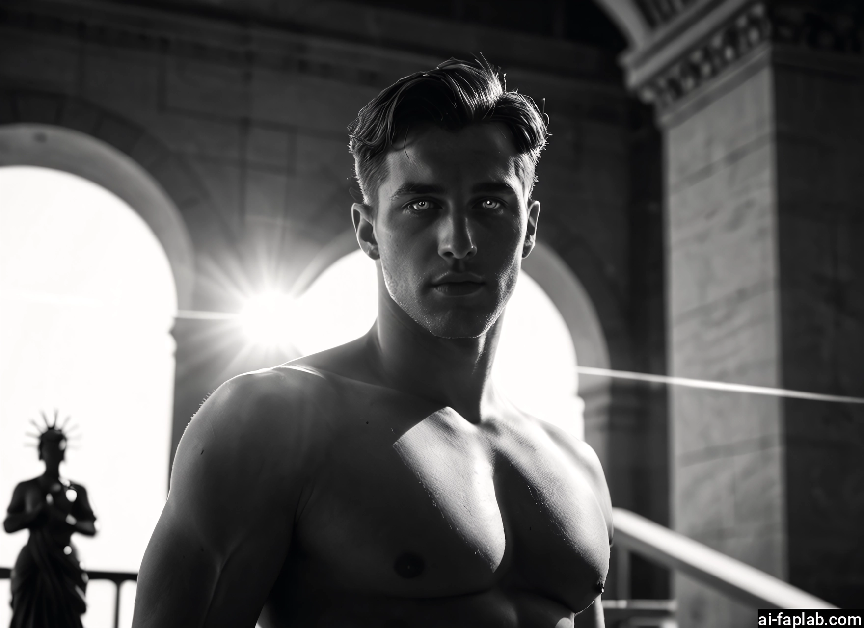 bara, greyscale, monochrome, male focus, facial hair, looking at viewer