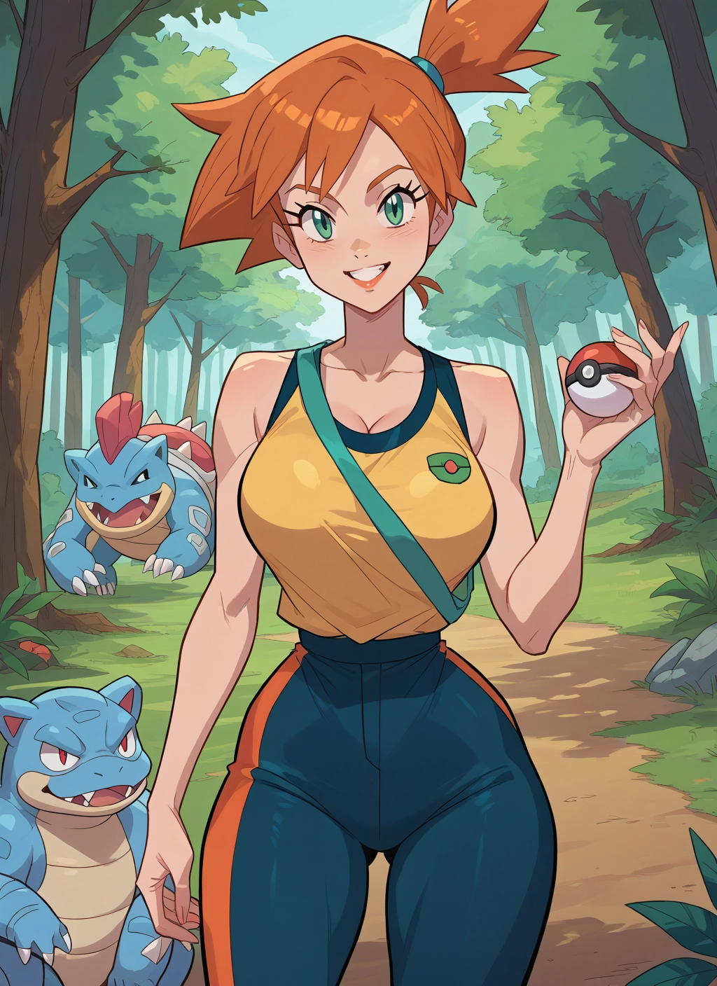 1girl, breasts, orange hair, smile, holding, side ponytail · Yamete.gg