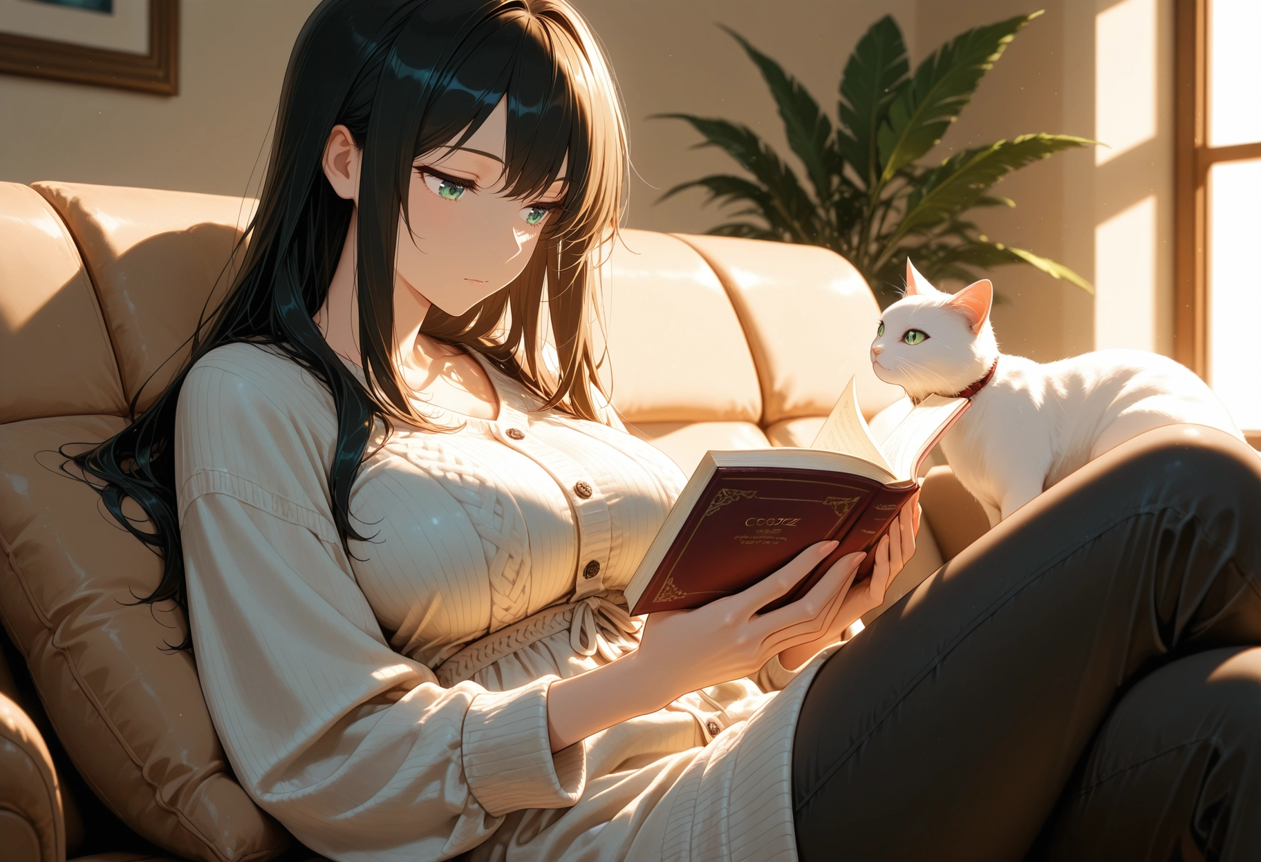 1girl, long hair, breasts, book, green eyes, cat · Yamete.gg