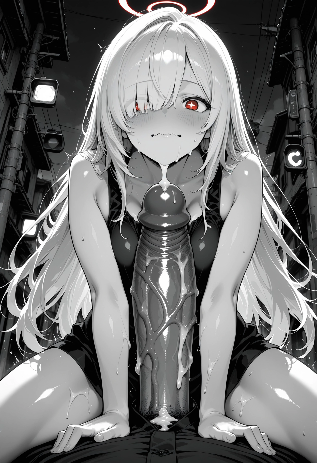 futanari, penis, red eyes, long hair, 1girl, halo · Yamete.gg