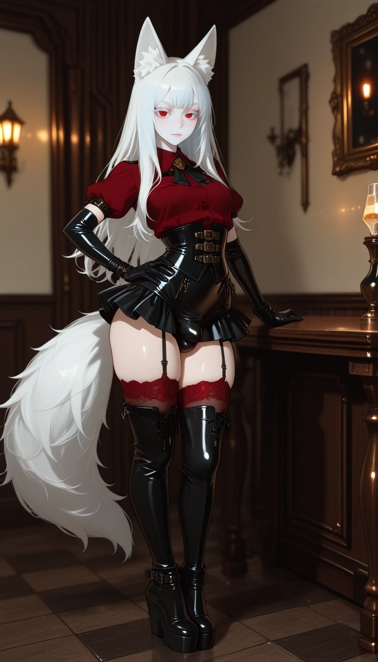1girl, animal ears, red eyes, thighhighs, gloves, white hair · Yamete.gg