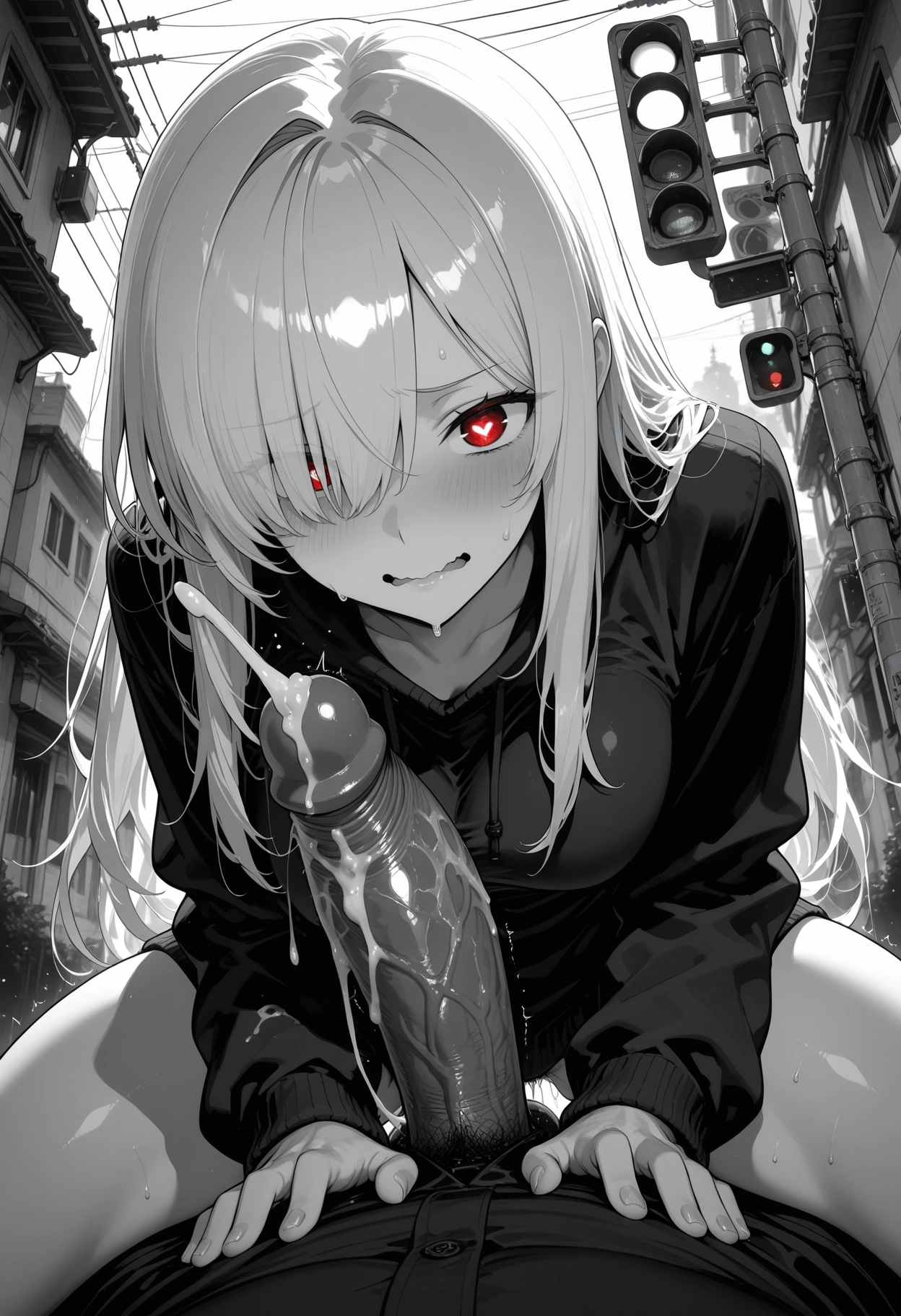 futanari, 1girl, penis, symbol-shaped pupils, heart-shaped pupils, red eyes · Yamete.gg