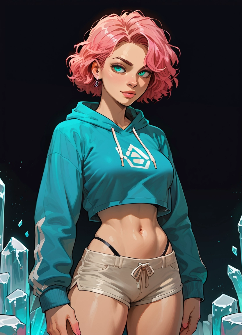 1girl, solo, pink hair, shorts, navel, hood · Yamete.gg