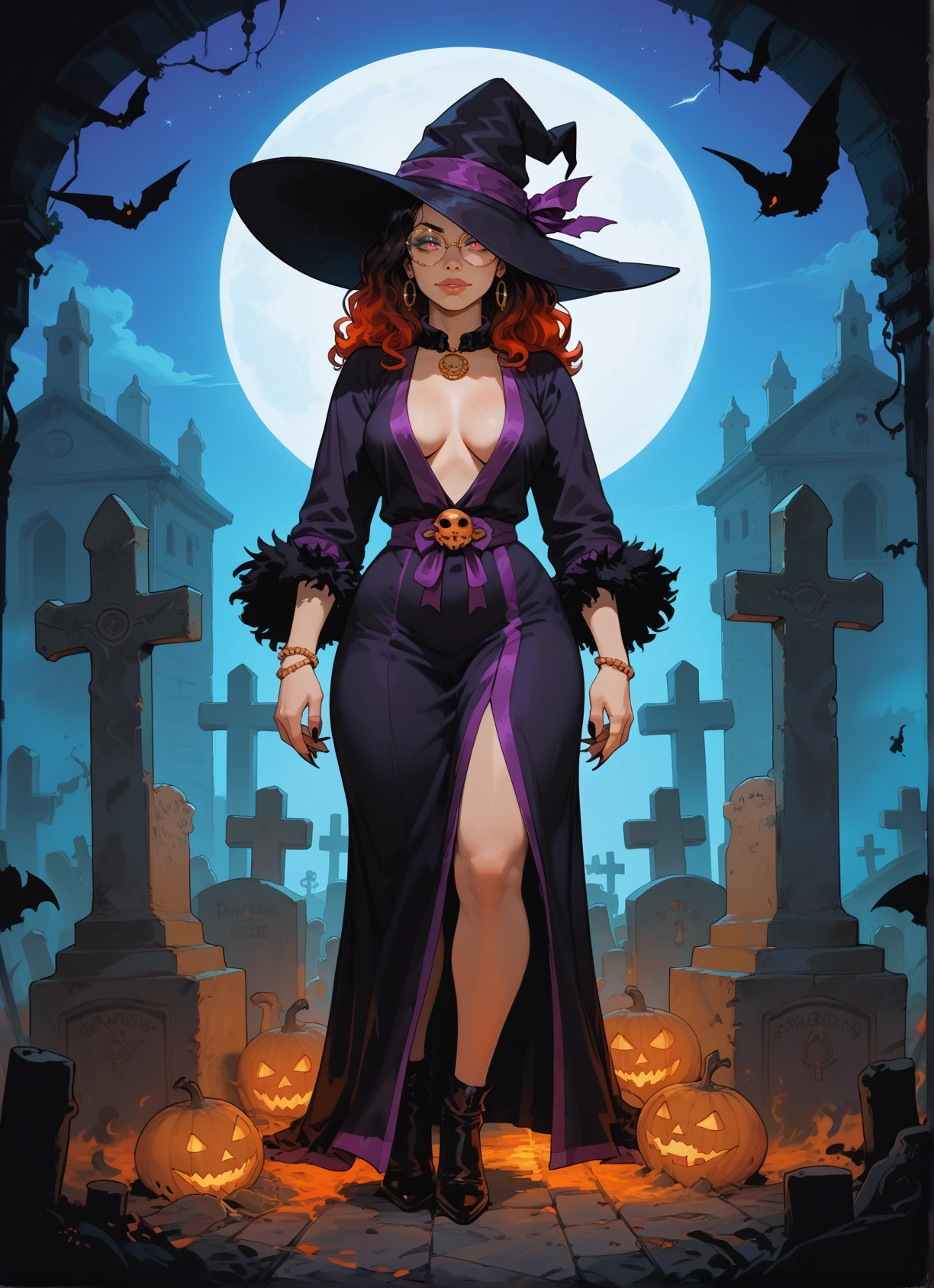 1girl, hat, breasts, witch hat, moon, jewelry · Yamete.gg