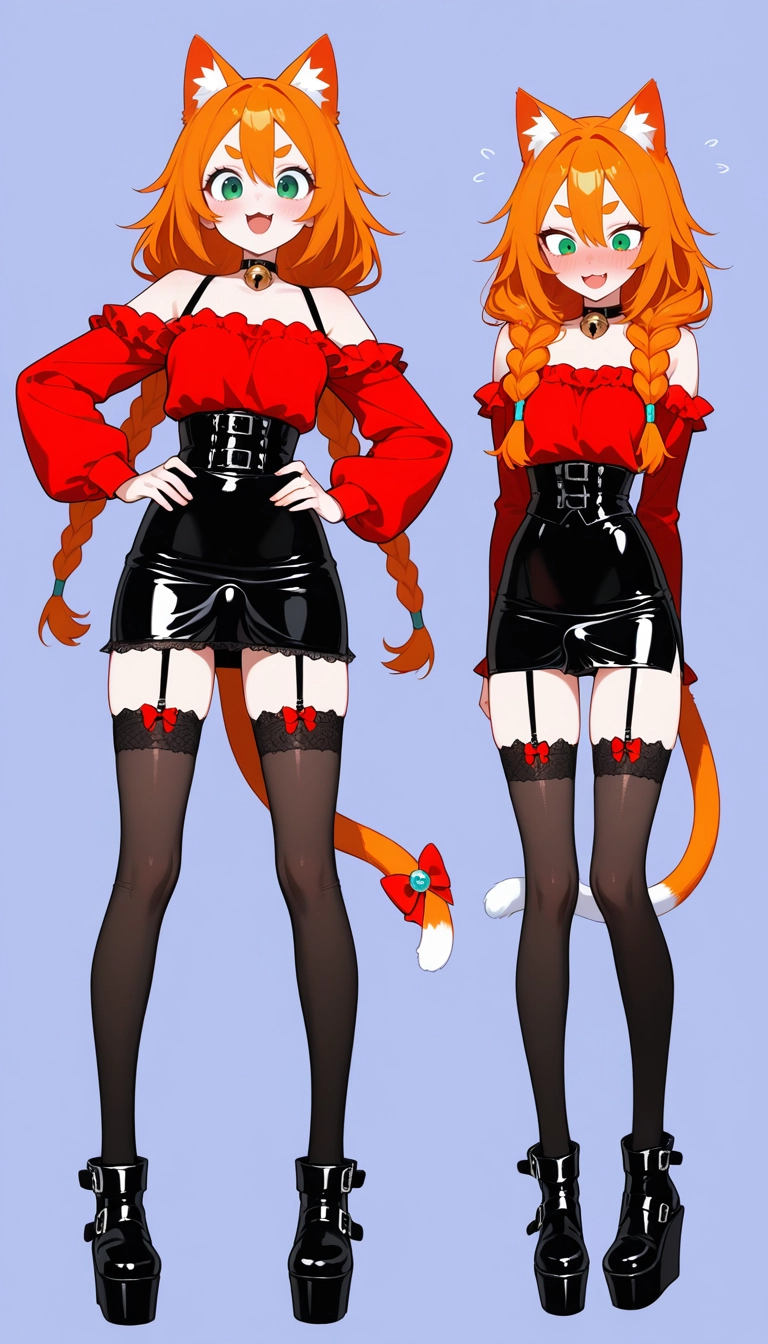 1girl, thighhighs, tail, twin braids, bell, neck bell