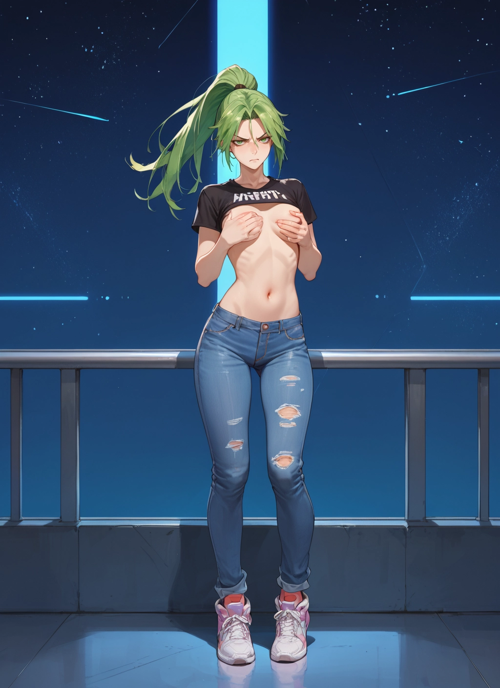 1girl, green hair, pants, navel, breasts, solo · Yamete.gg