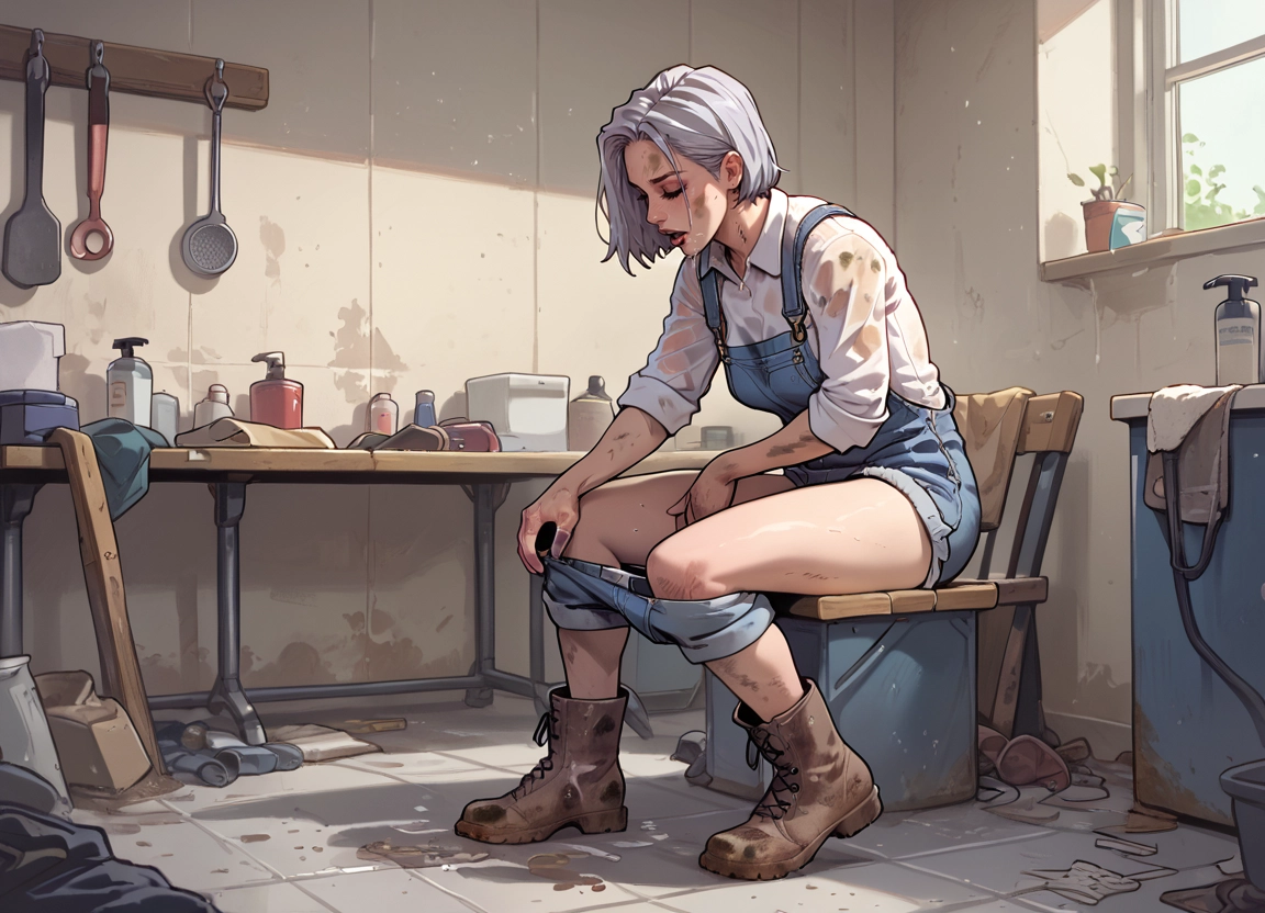 dirty, 1girl, dirty clothes, dirty face, solo, boots · Yamete.gg