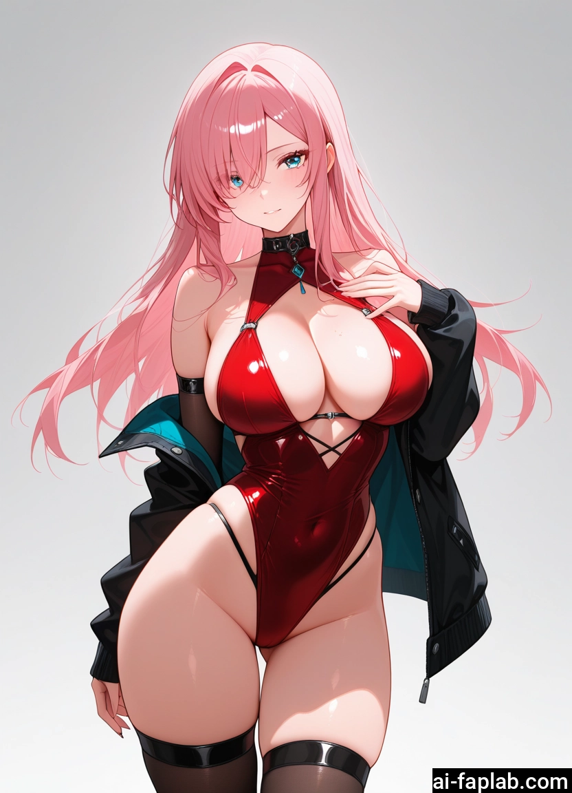 breasts, 1girl, long hair, large breasts, pink hair, thighhighs
