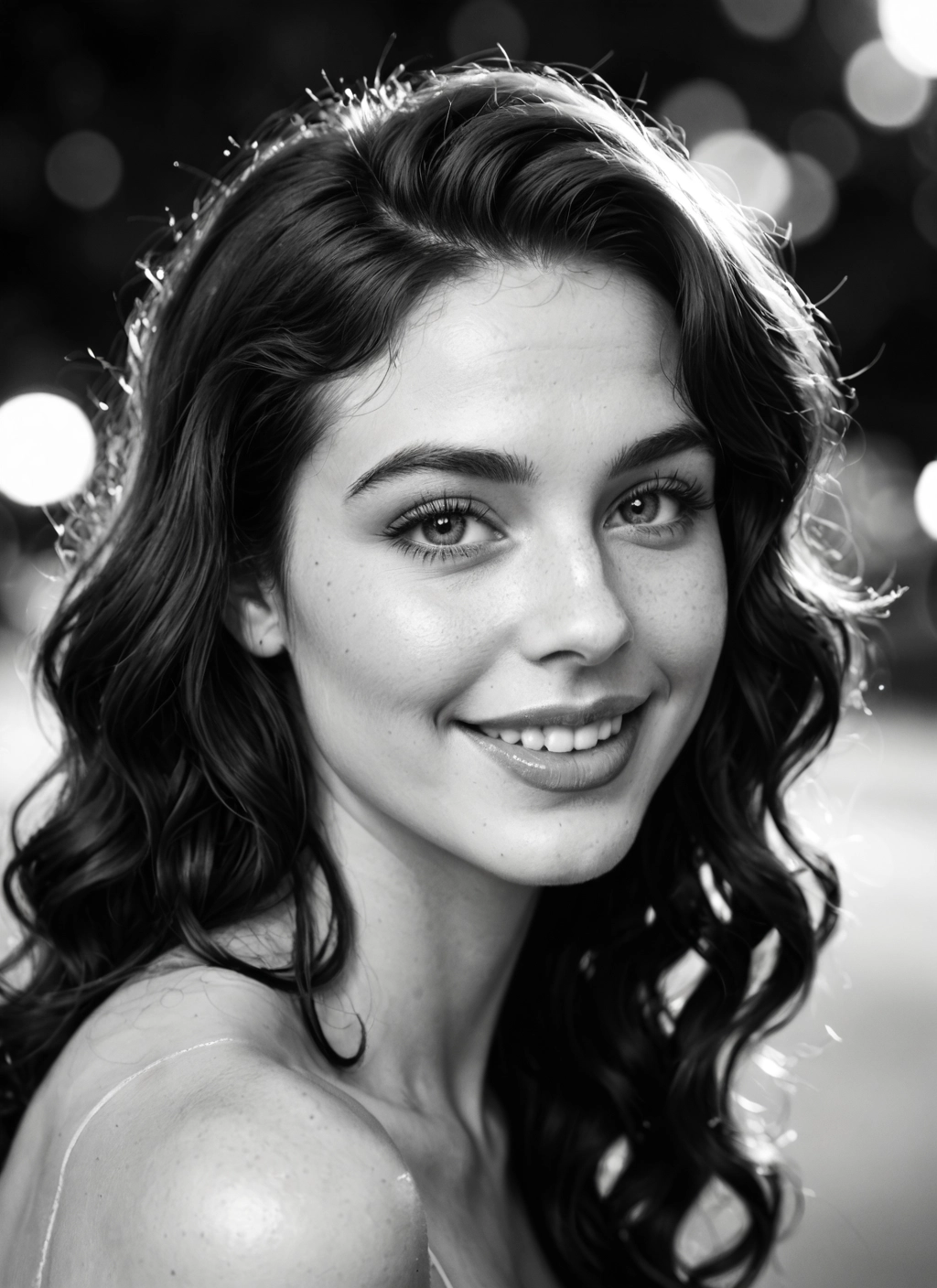 1girl, monochrome, greyscale, solo, smile, freckles · Yamete.gg