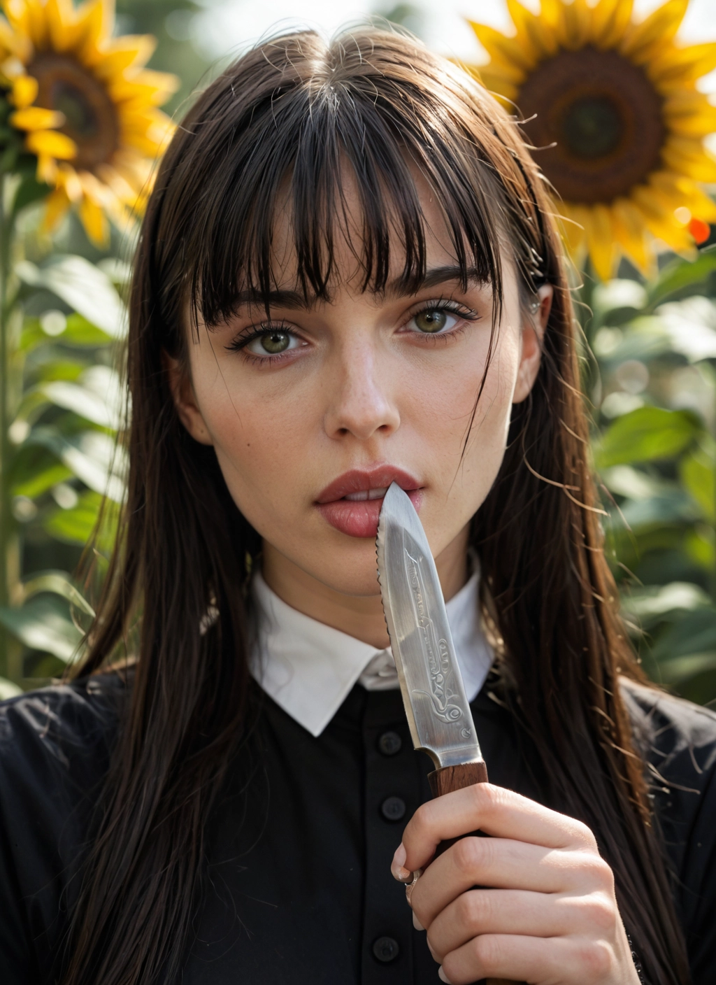 1girl, solo, flower, knife, sunflower, holding · Yamete.gg