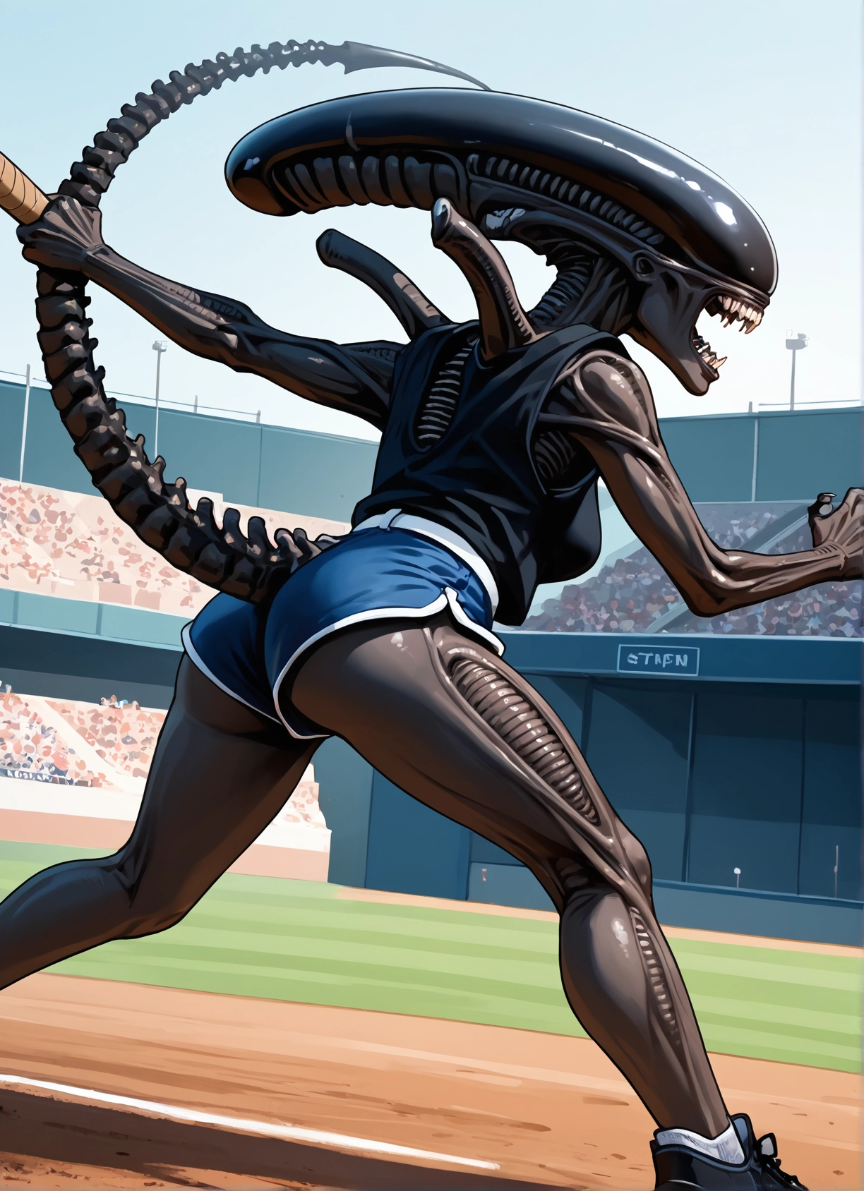 shorts, 1girl, tail, ass, teeth, sharp teeth