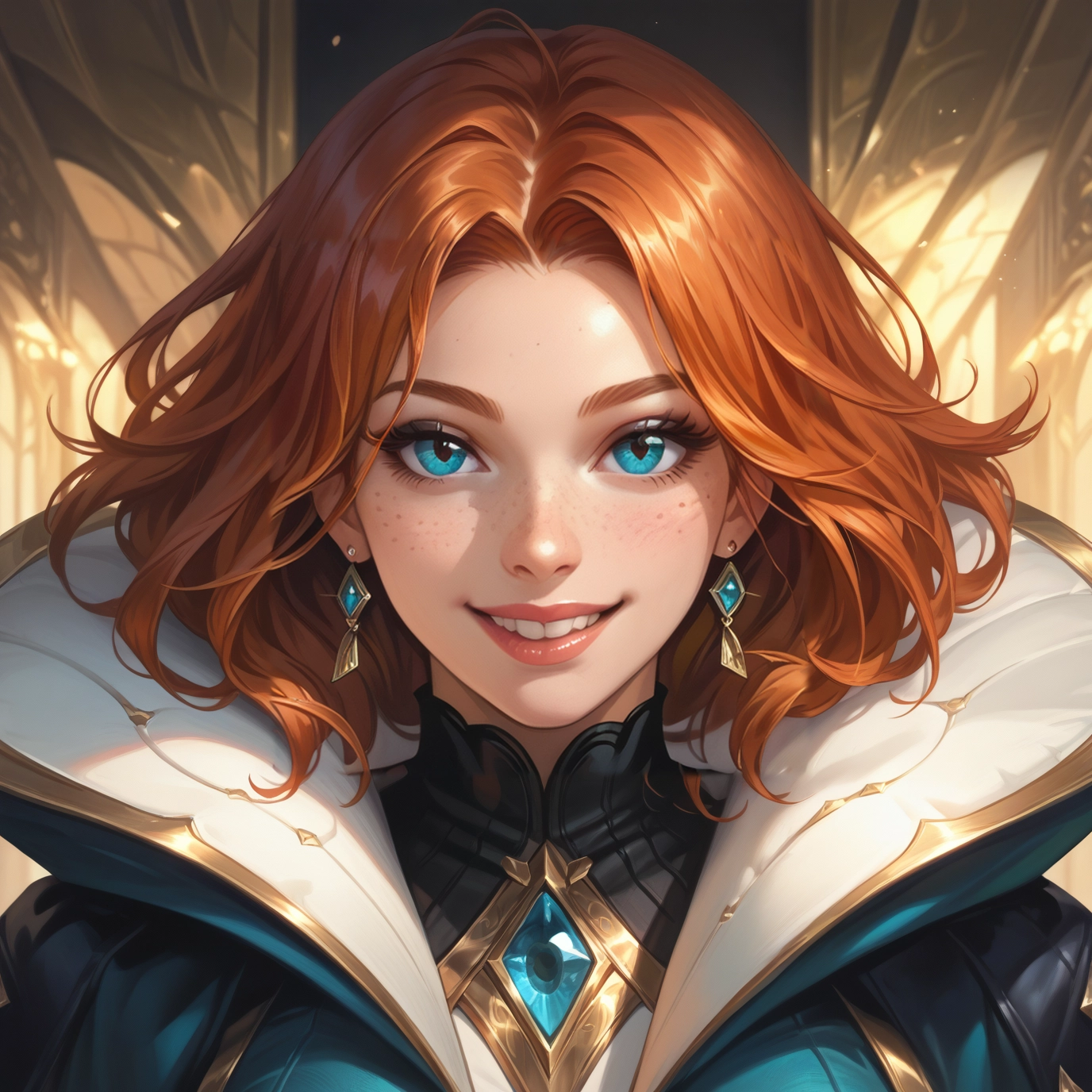 1girl, freckles, solo, jewelry, earrings, smile · Yamete.gg