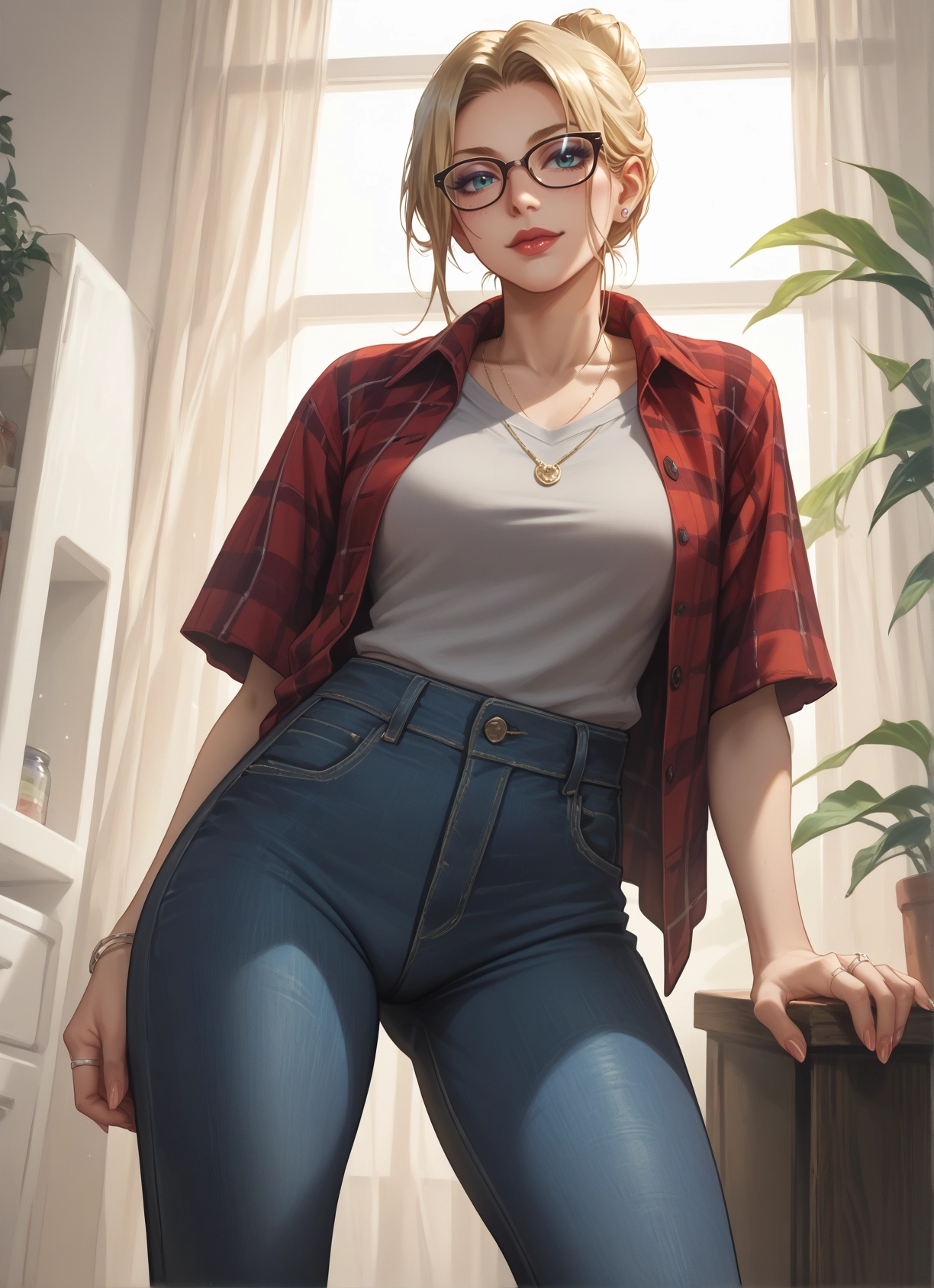 1girl, blonde hair, glasses, jewelry, pants, ring · Yamete.gg