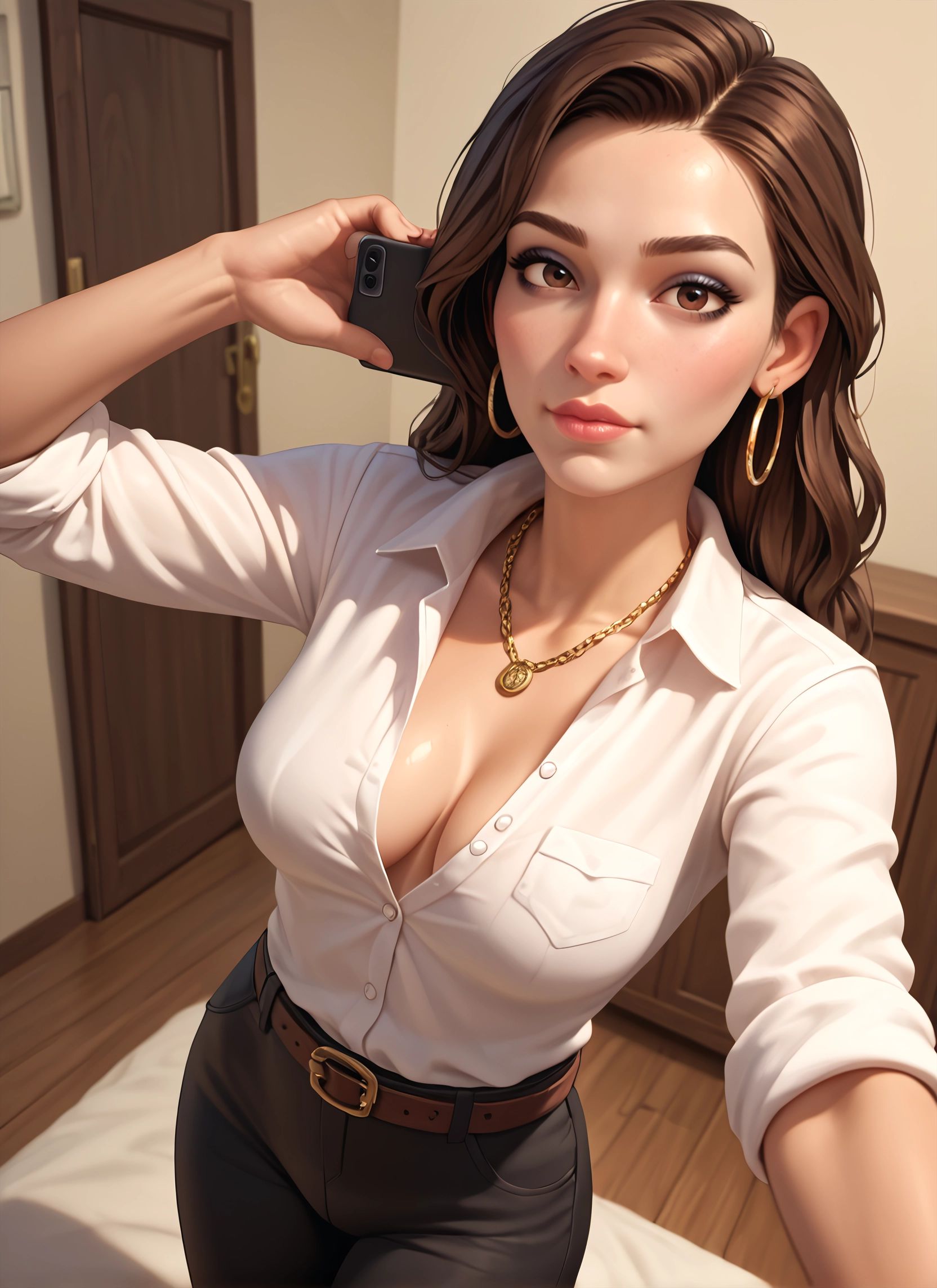1girl, breasts, jewelry, brown hair, phone, earrings · Yamete.gg