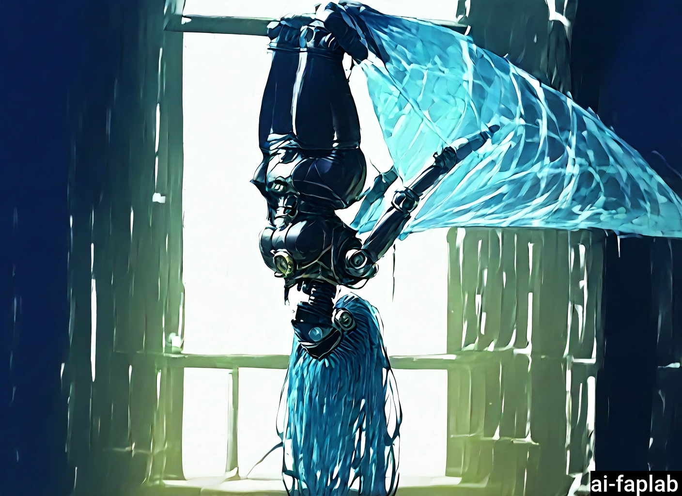 1girl, solo, long hair, upside-down, blue hair, breasts · Yamete.gg