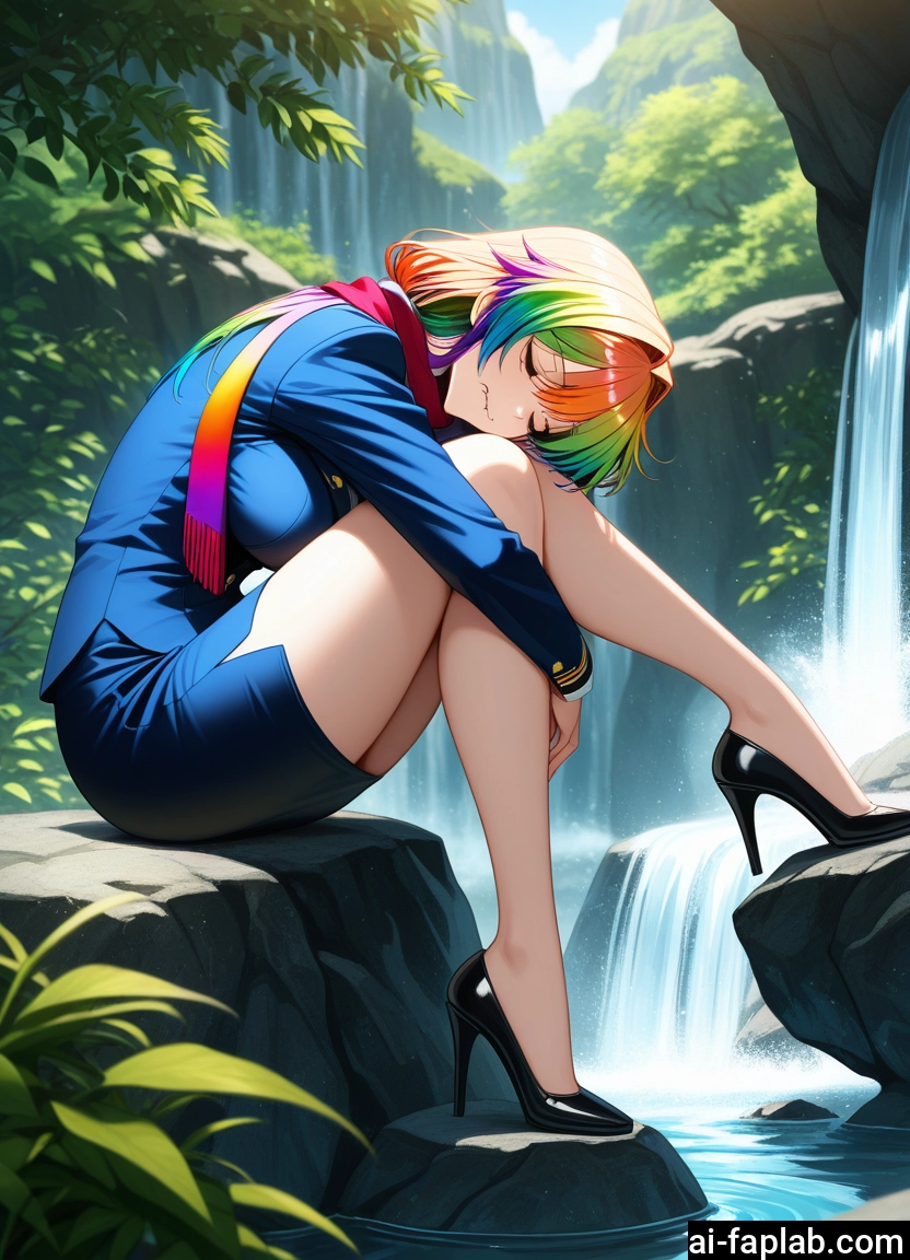 1girl, high heels, water, multicolored hair, skirt, sitting · Yamete.gg