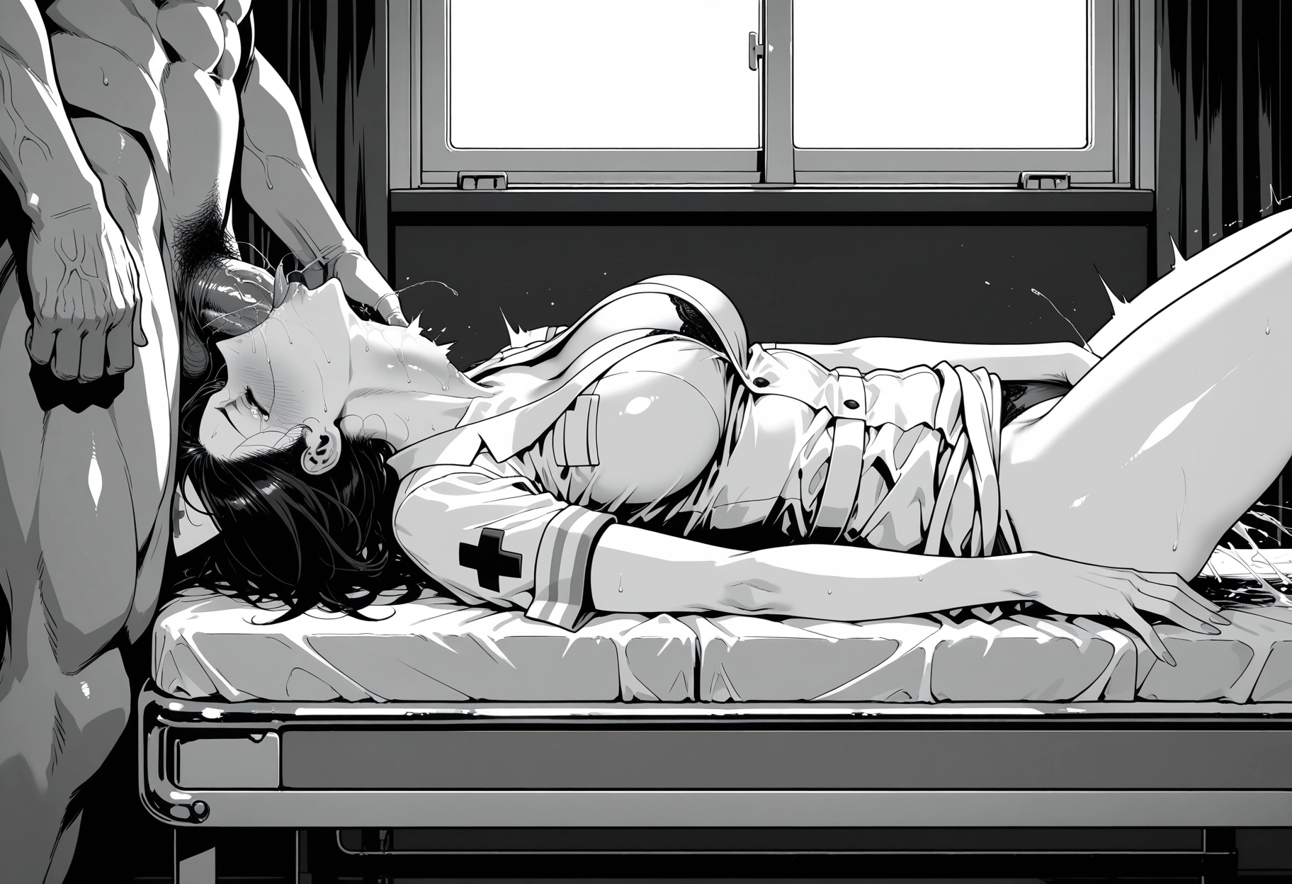 monochrome, greyscale, 1girl, hetero, breasts, penis · Yamete.gg