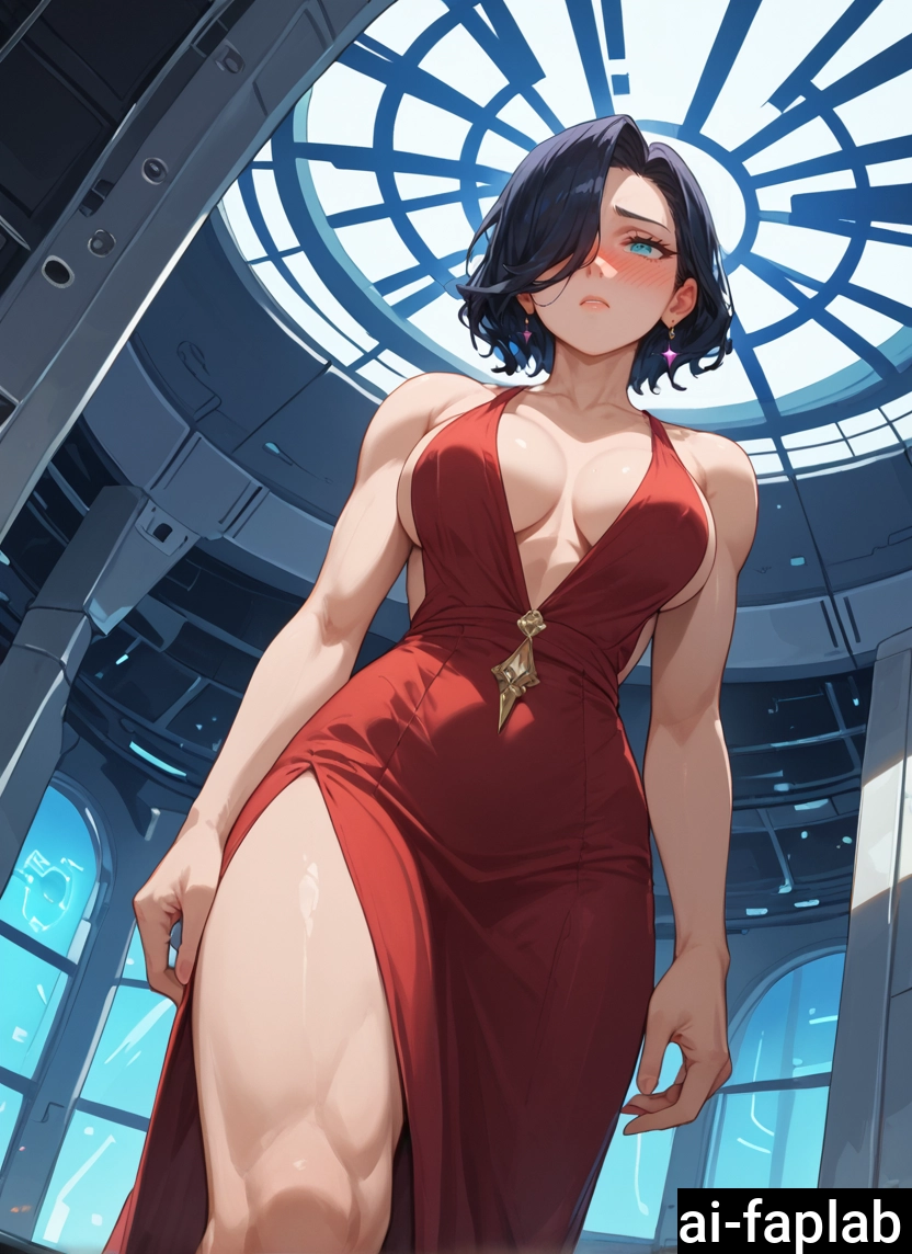 1girl, breasts, dress, hair over one eye, earrings, jewelry · Yamete.gg