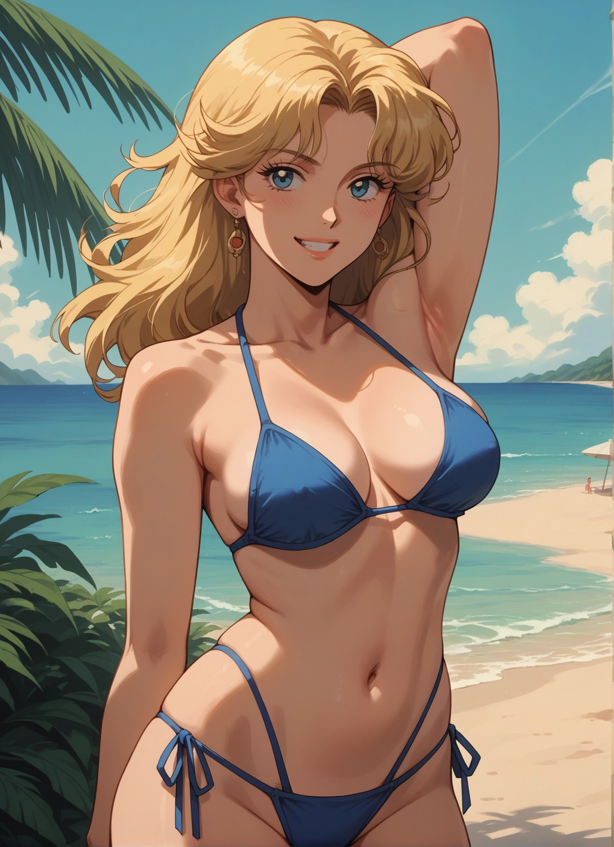 1girl, swimsuit, breasts, bikini, navel, blonde hair