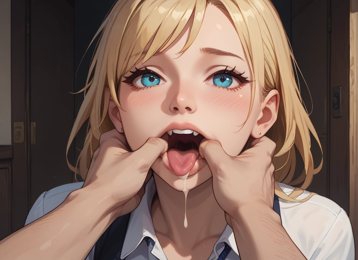 1girl, blonde hair, tongue, blue eyes, open mouth, tongue out · Yamete.gg
