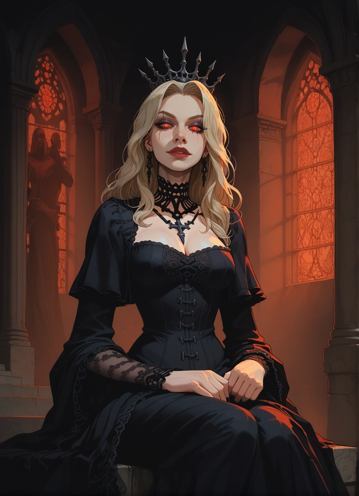1girl, breasts, dress, jewelry, blonde hair, sitting · Yamete.gg