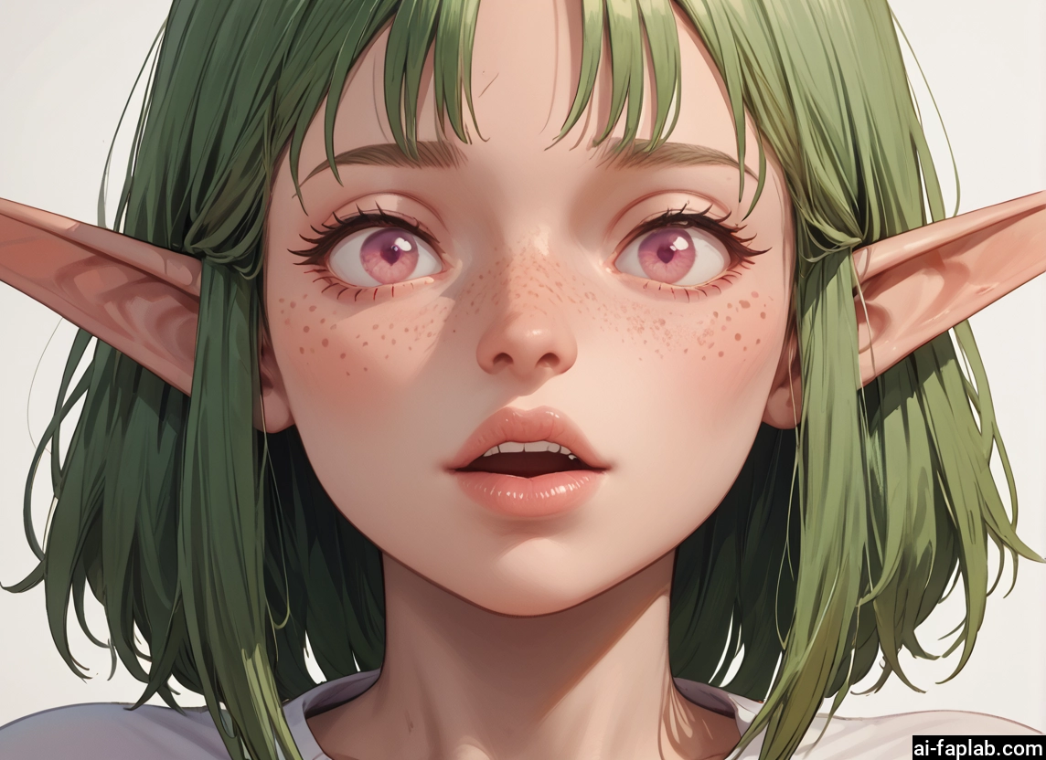 1girl, solo, pointy ears, freckles, green hair, looking at viewer · Yamete.gg