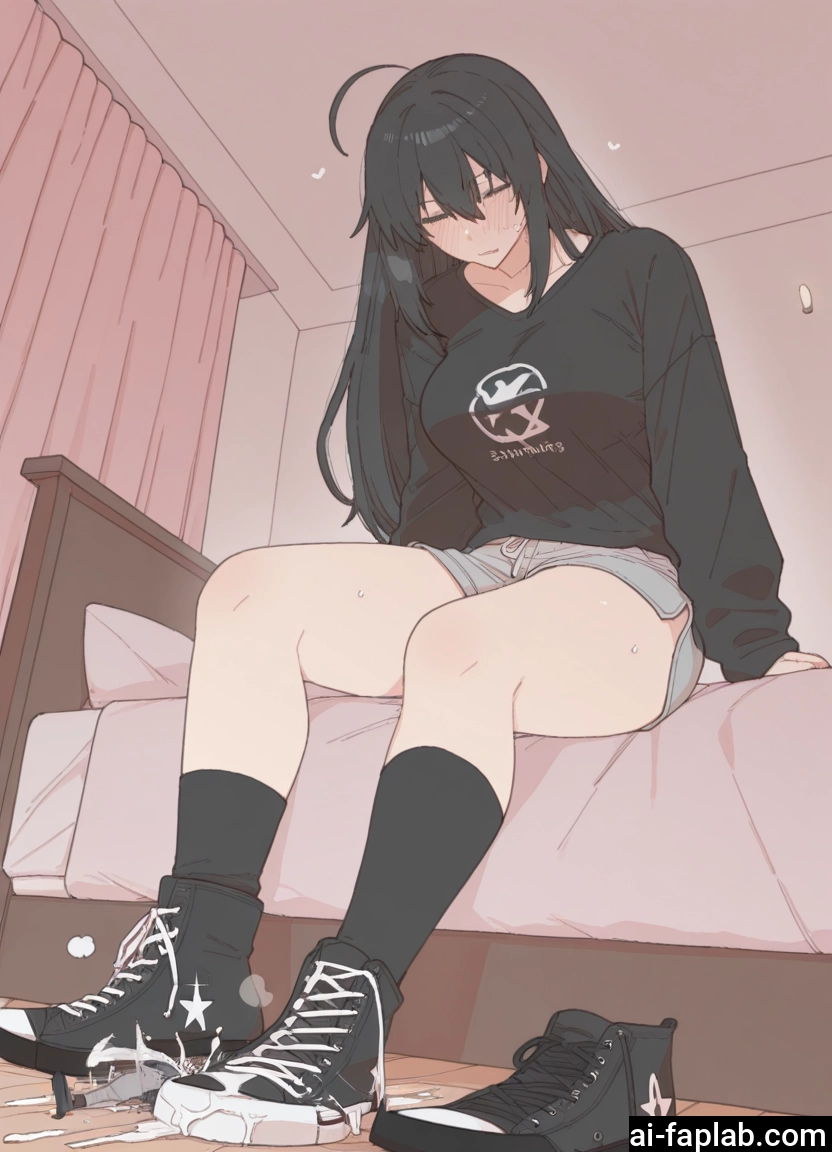 1girl, black hair, shorts, blush, long hair, solo