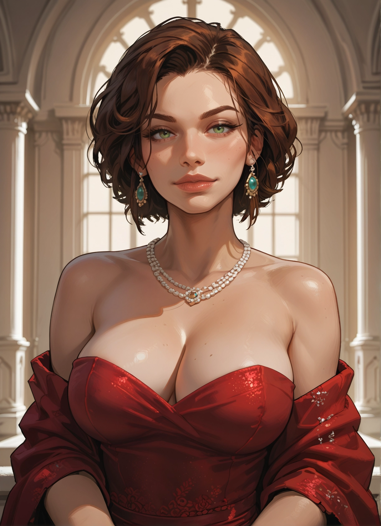 breasts, 1girl, jewelry, earrings, green eyes, solo · Yamete.gg